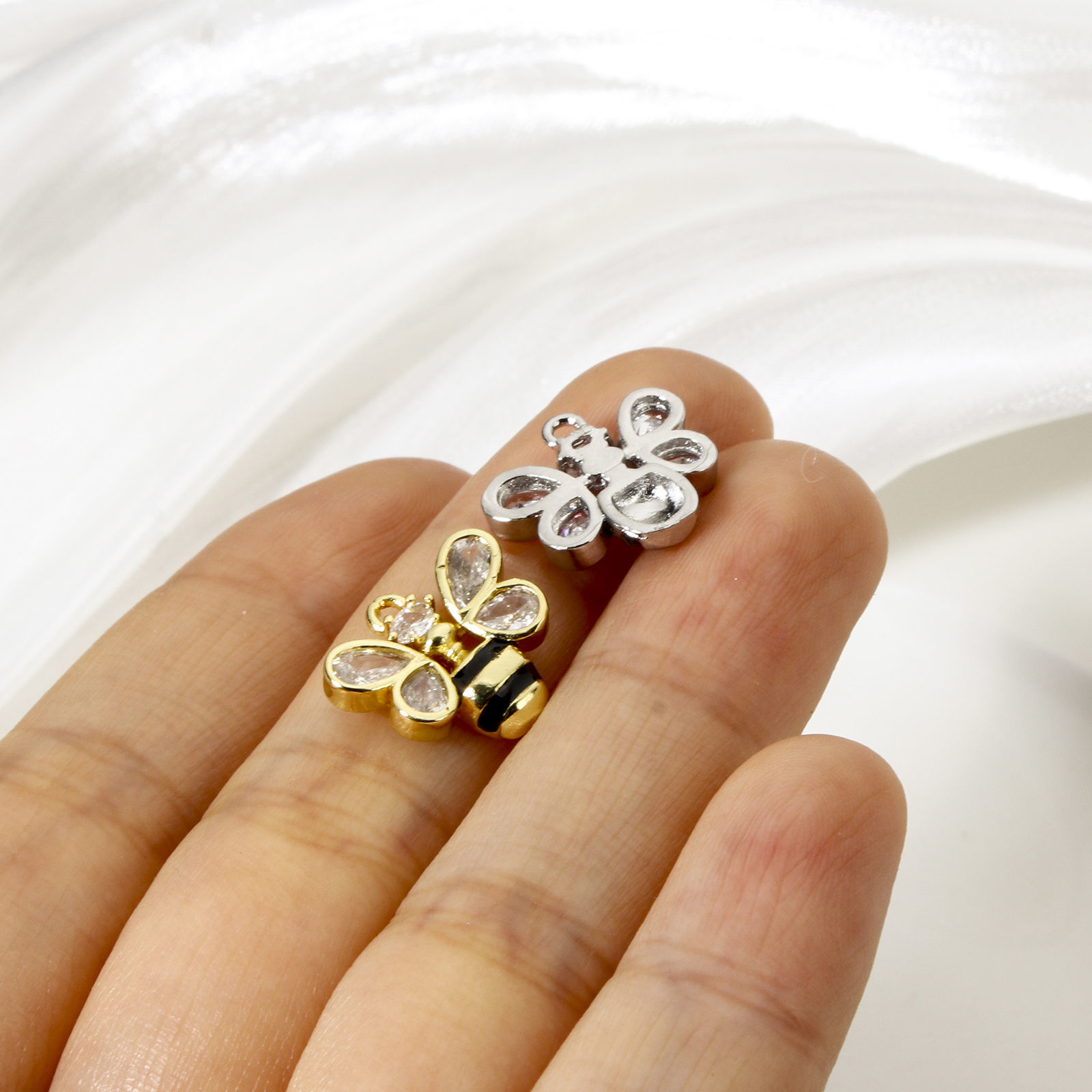 Picture of Brass Insect Charms Multicolor Black Enamel Bee Animal Clear Cubic Zirconia 14mm x 13mm