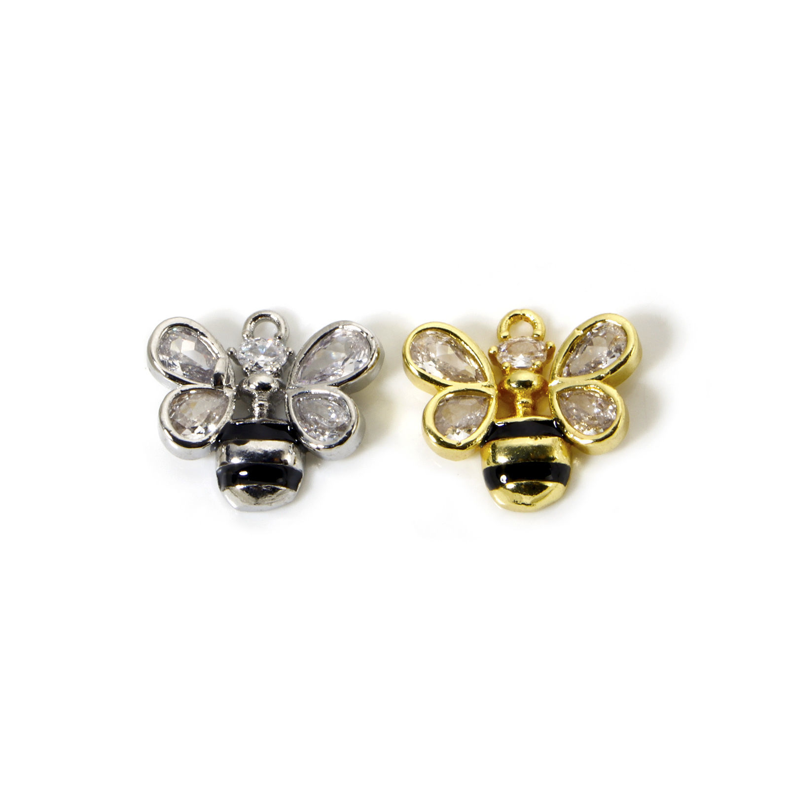Picture of Brass Insect Charms Multicolor Black Enamel Bee Animal Clear Cubic Zirconia 14mm x 13mm
