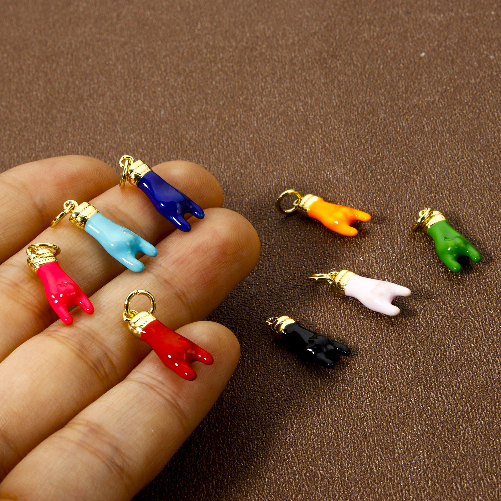 Picture of Eco-friendly Brass Charms 18K Real Gold Plated Enamel Rock N Roll Hand Sign Gesture 21mm x 6mm