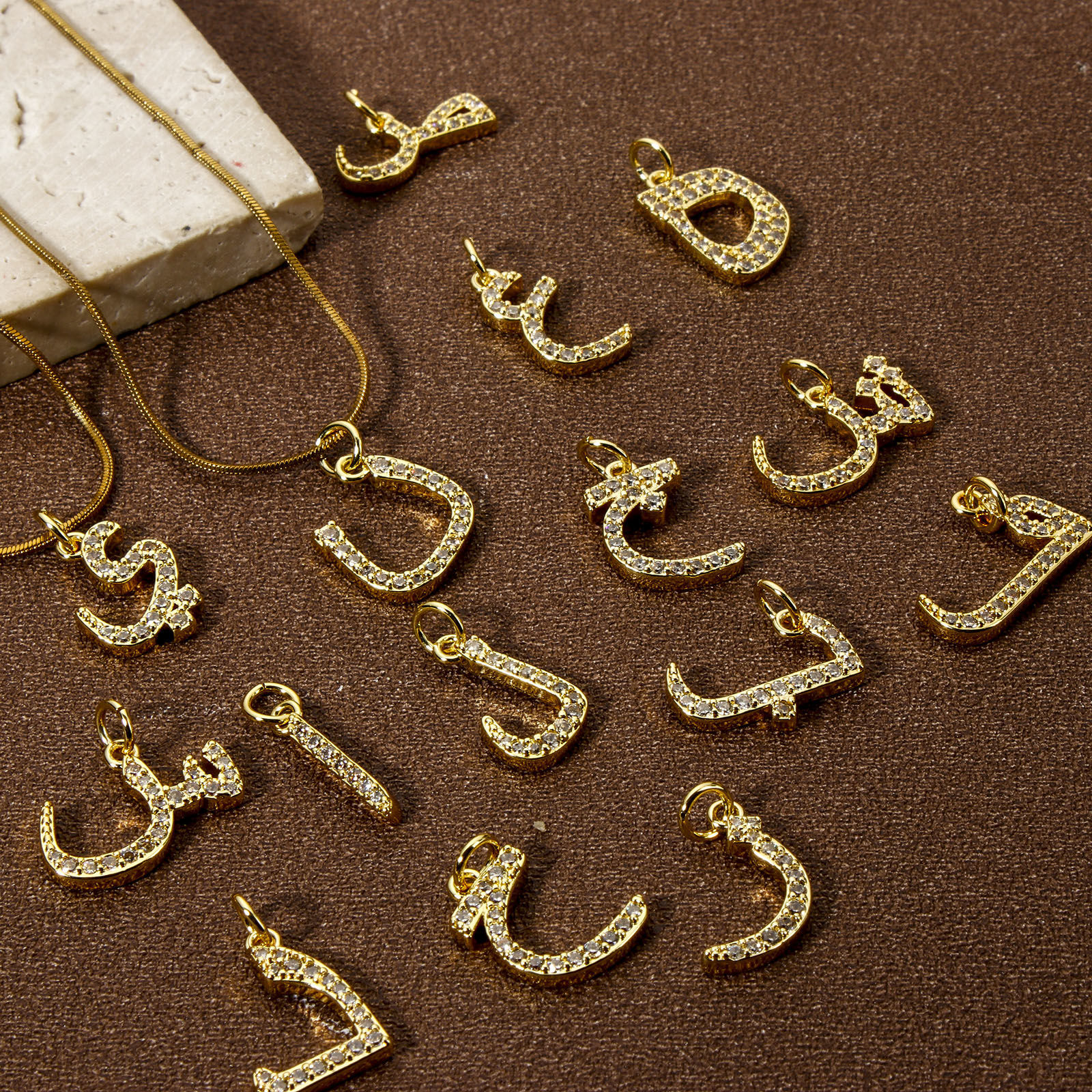 Picture of Eco-friendly Brass Charms 18K Real Gold Plated Arabic Letter Micro Pave Clear Cubic Zirconia
