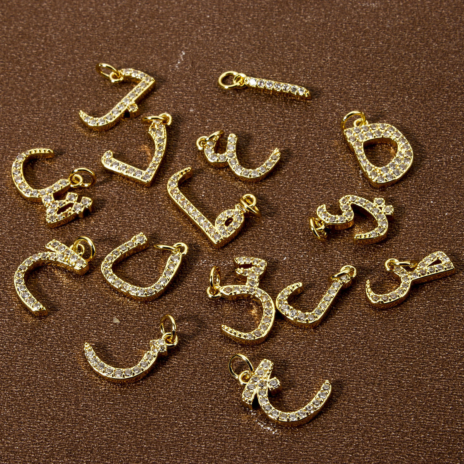 Picture of Eco-friendly Brass Charms 18K Real Gold Plated Arabic Letter Micro Pave Clear Cubic Zirconia