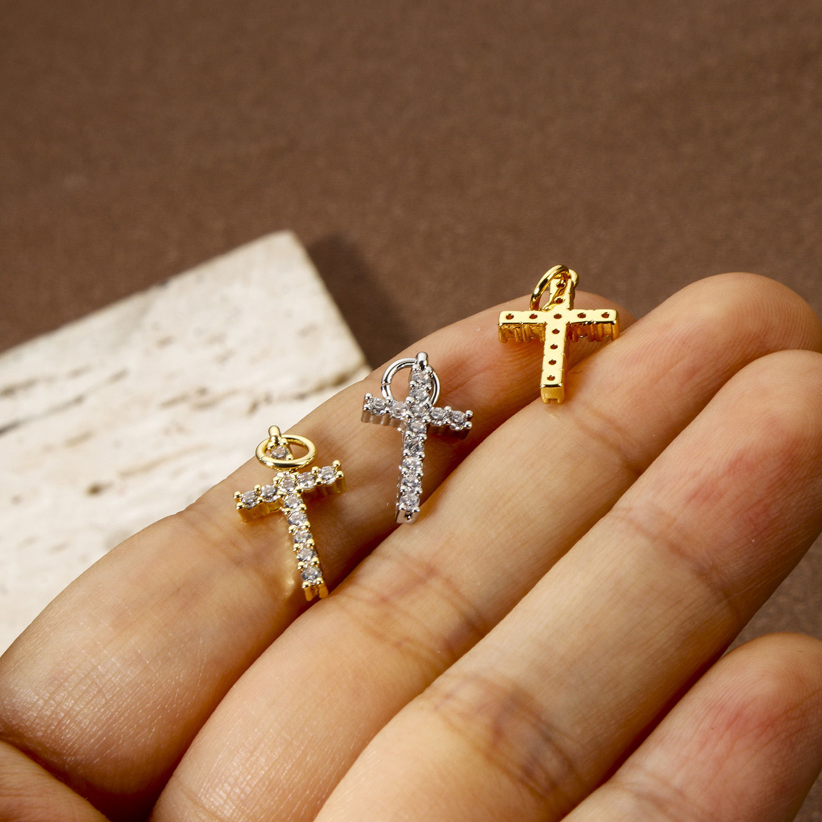 Picture of Eco-friendly Brass Religious Charms Real Gold Plated Cross Micro Pave Clear Cubic Zirconia