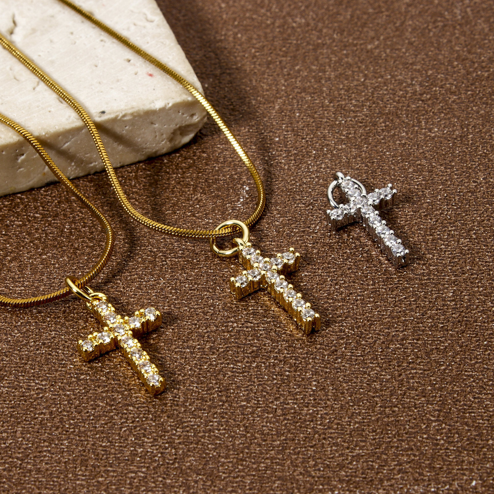 Picture of Eco-friendly Brass Religious Charms Real Gold Plated Cross Micro Pave Clear Cubic Zirconia