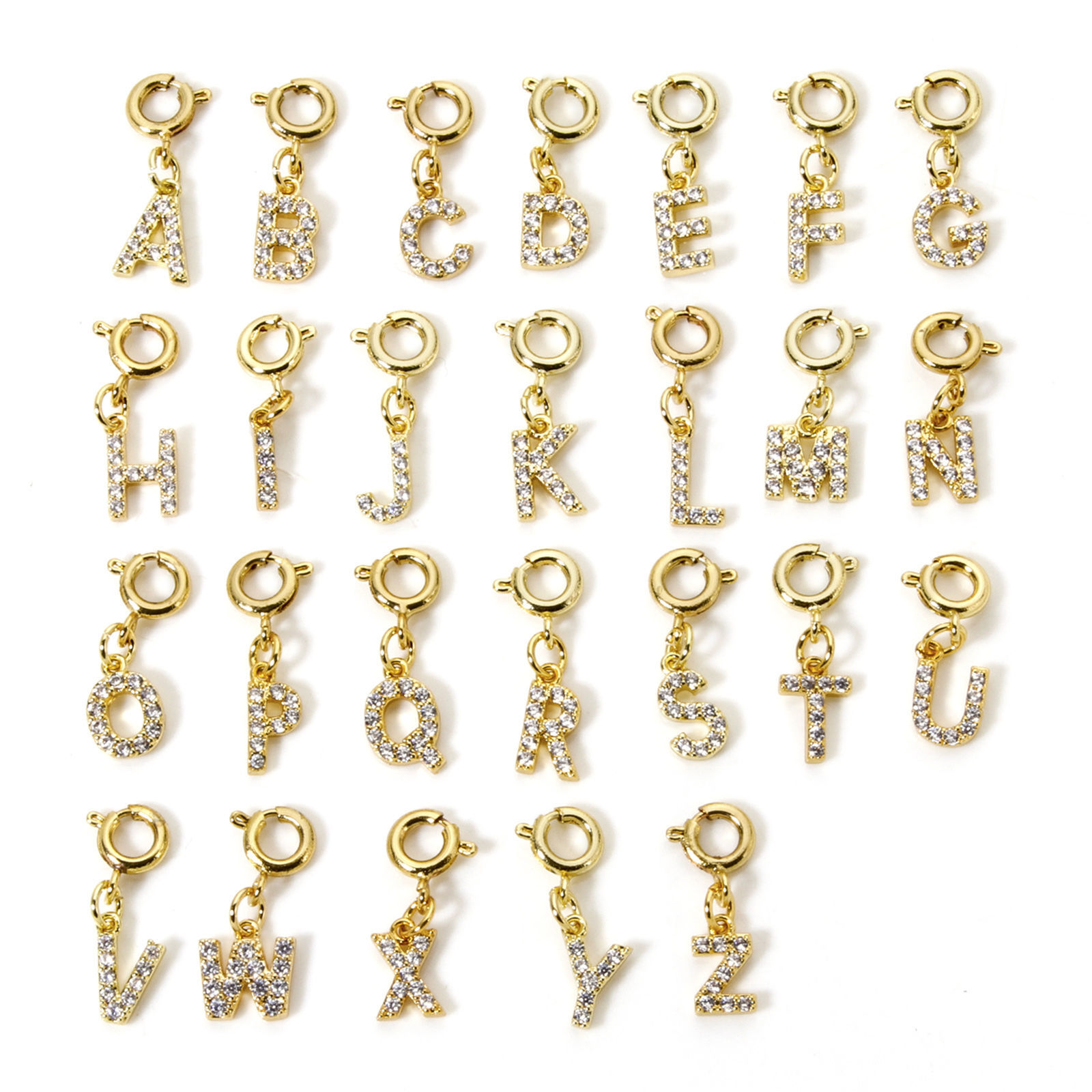 Picture of Eco-friendly Brass Clip On Charms For Vintage Charm Bracelets 18K Real Gold Plated Capital Alphabet Initial Letter With Spring Ring Clasp Clear Cubic Zirconia