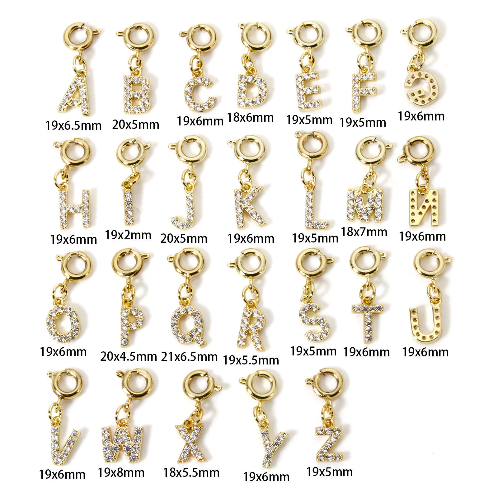 Picture of Eco-friendly Brass Clip On Charms For Vintage Charm Bracelets 18K Real Gold Plated Capital Alphabet Initial Letter With Spring Ring Clasp Clear Cubic Zirconia