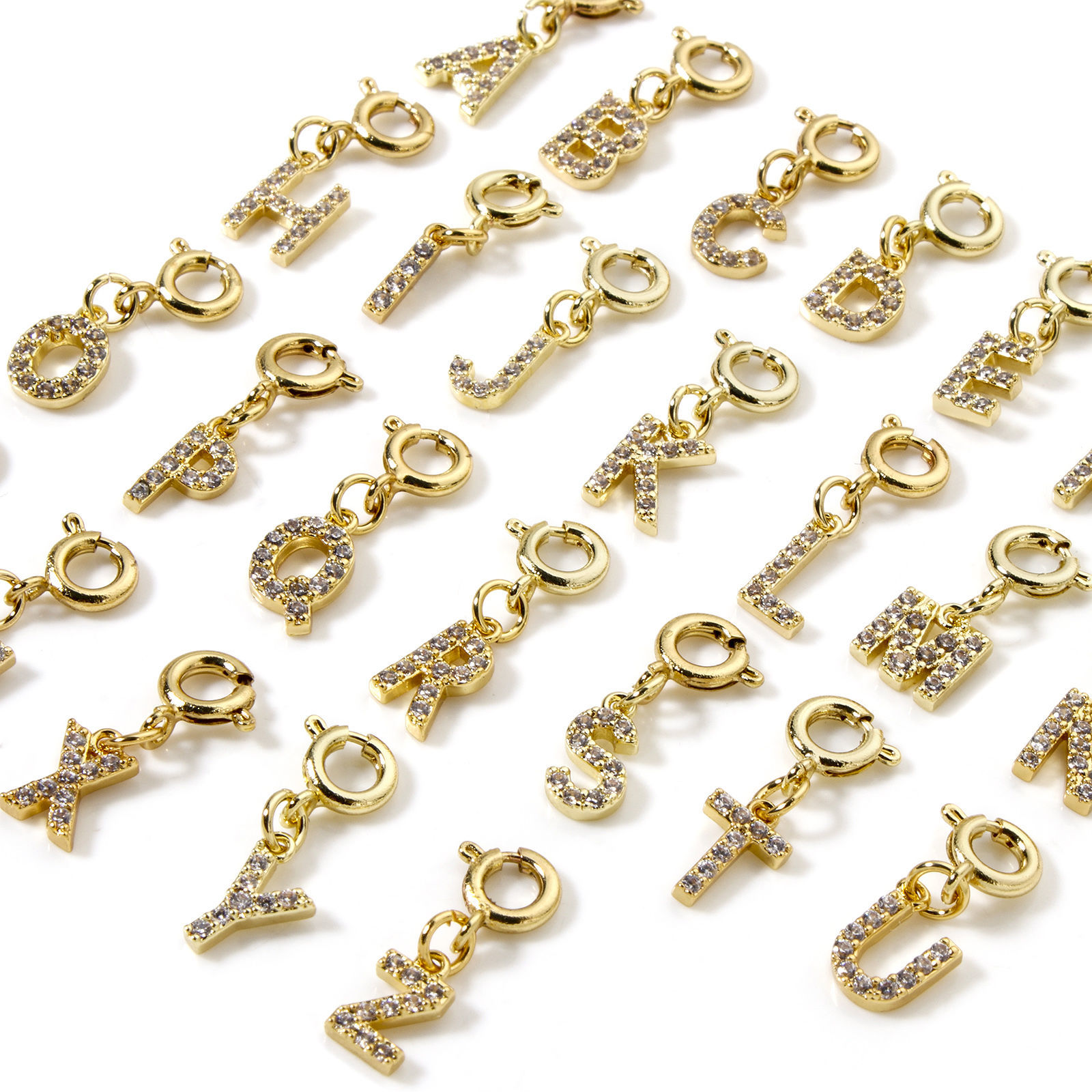 Picture of Eco-friendly Brass Clip On Charms For Vintage Charm Bracelets 18K Real Gold Plated Capital Alphabet Initial Letter With Spring Ring Clasp Clear Cubic Zirconia