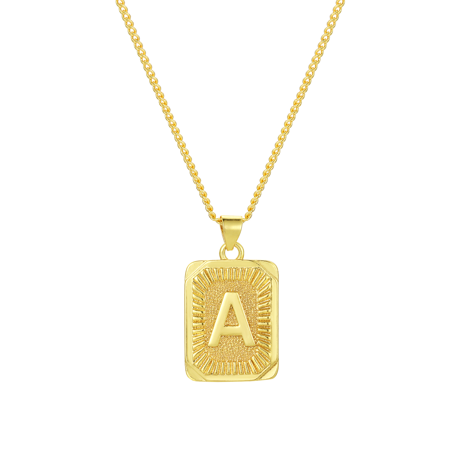 Picture of Eco-friendly Stylish Capital Alphabet Initial Letter Name 18K Real Gold Plated Brass Curb Link Chain Rectangle Stripe Message " A-Z " Pendant Charm Necklace Unisex 45cm(17.7") + 5cm(2") long