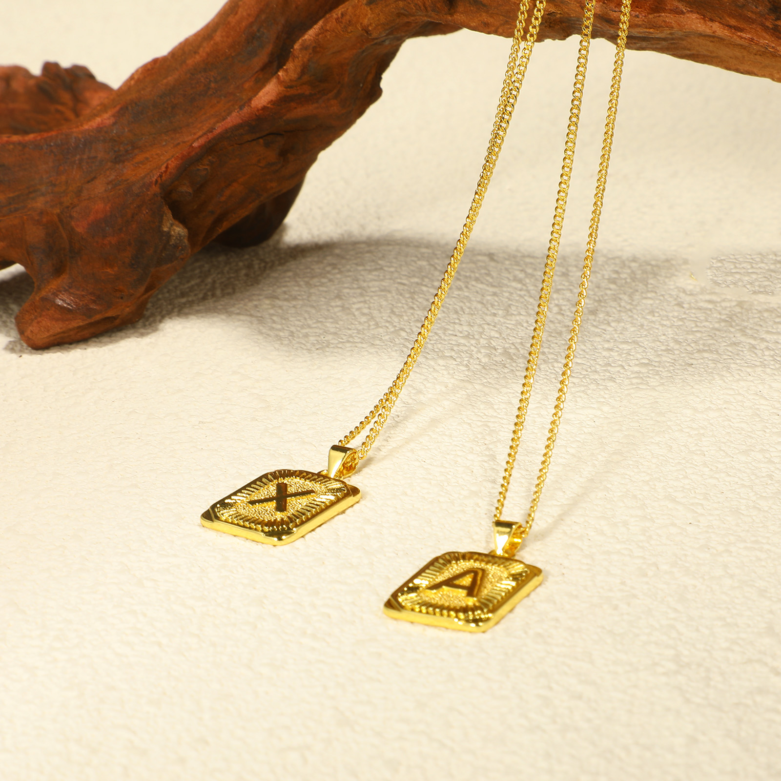 Picture of Eco-friendly Stylish Capital Alphabet Initial Letter Name 18K Real Gold Plated Brass Curb Link Chain Rectangle Stripe Message " A-Z " Pendant Charm Necklace Unisex 45cm(17.7") + 5cm(2") long