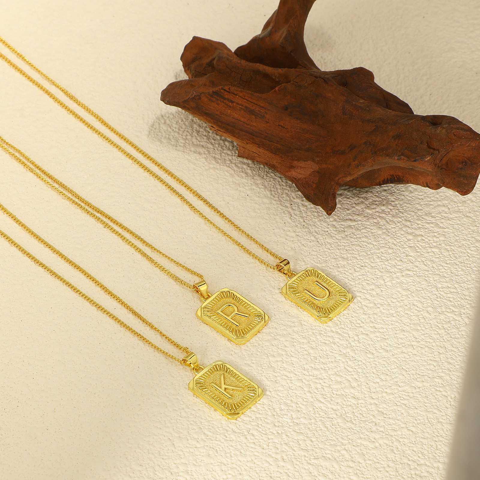 Picture of Eco-friendly Stylish Capital Alphabet Initial Letter Name 18K Real Gold Plated Brass Curb Link Chain Rectangle Stripe Message " A-Z " Pendant Charm Necklace Unisex 45cm(17.7") + 5cm(2") long