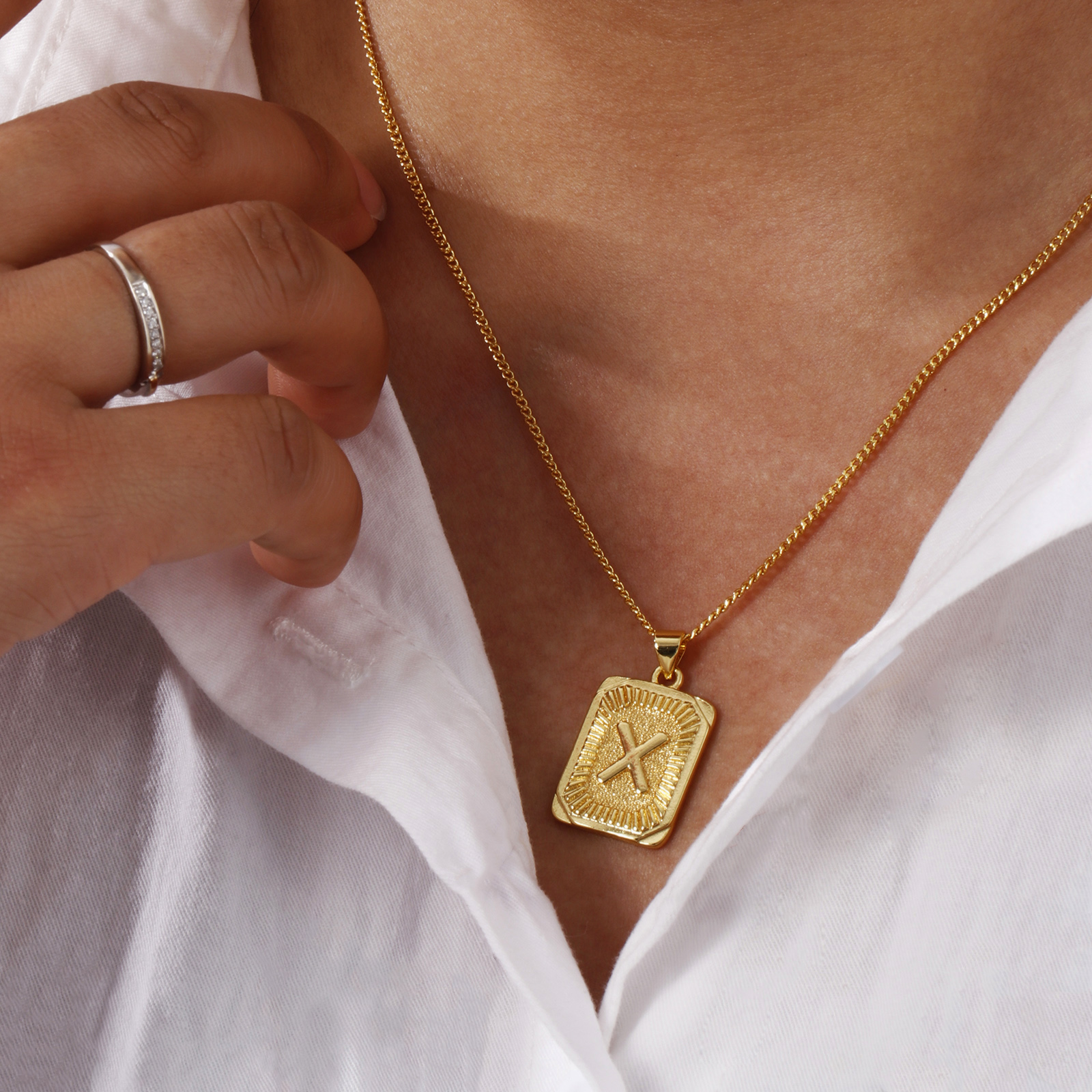 Picture of Eco-friendly Stylish Capital Alphabet Initial Letter Name 18K Real Gold Plated Brass Curb Link Chain Rectangle Stripe Message " A-Z " Pendant Charm Necklace Unisex 45cm(17.7") + 5cm(2") long