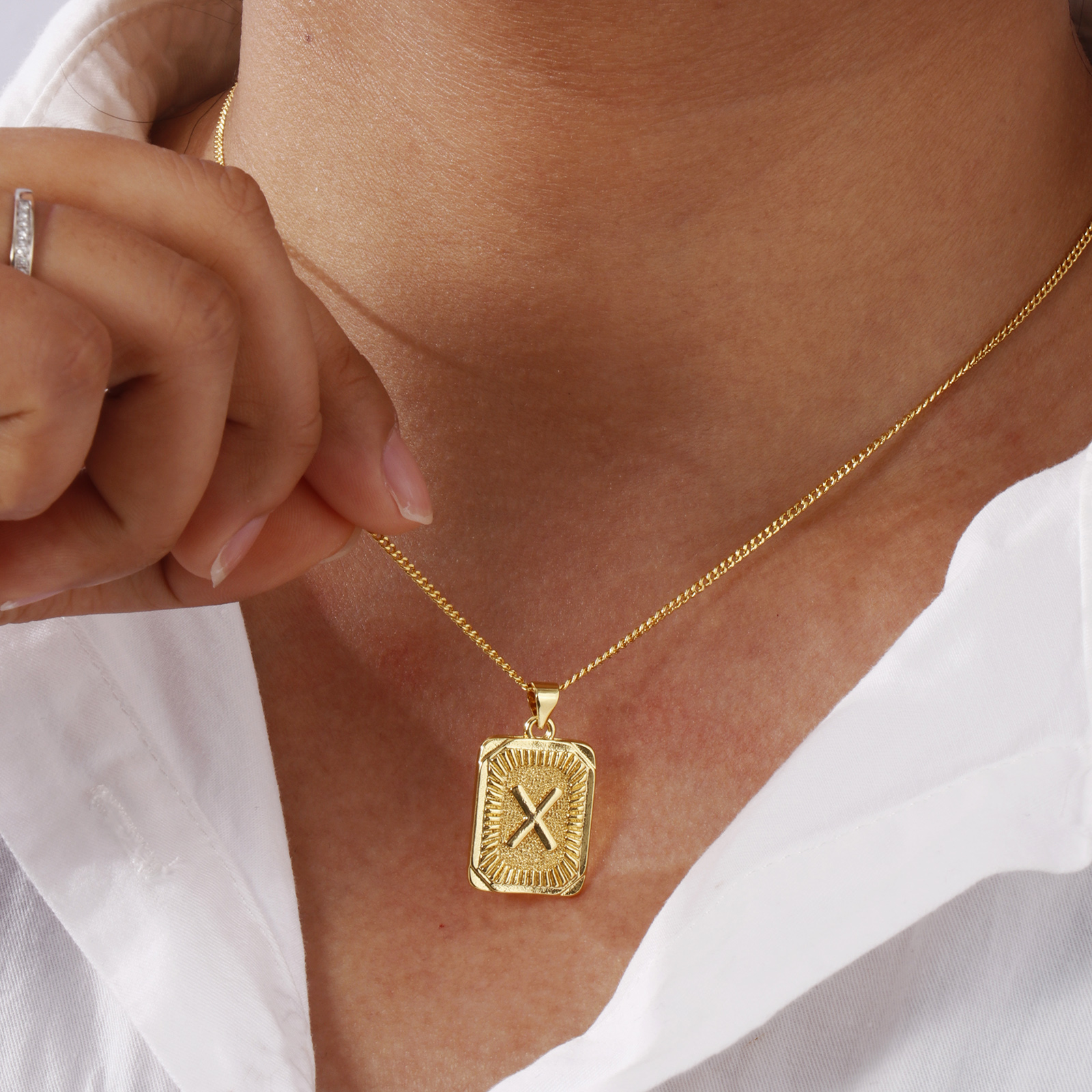 Picture of Eco-friendly Stylish Capital Alphabet Initial Letter Name 18K Real Gold Plated Brass Curb Link Chain Rectangle Stripe Message " A-Z " Pendant Charm Necklace Unisex 45cm(17.7") + 5cm(2") long