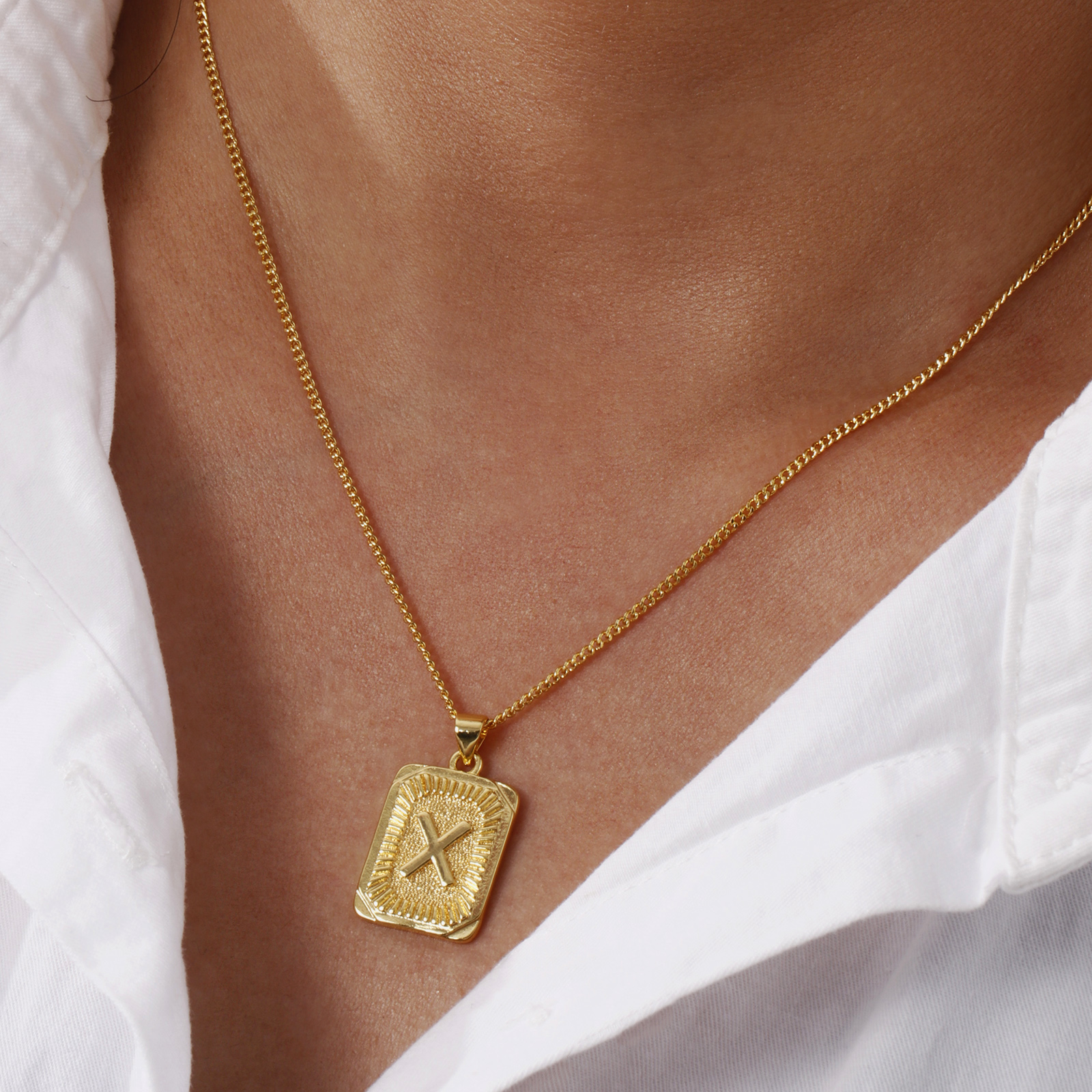 Picture of Eco-friendly Stylish Capital Alphabet Initial Letter Name 18K Real Gold Plated Brass Curb Link Chain Rectangle Stripe Message " A-Z " Pendant Charm Necklace Unisex 45cm(17.7") + 5cm(2") long