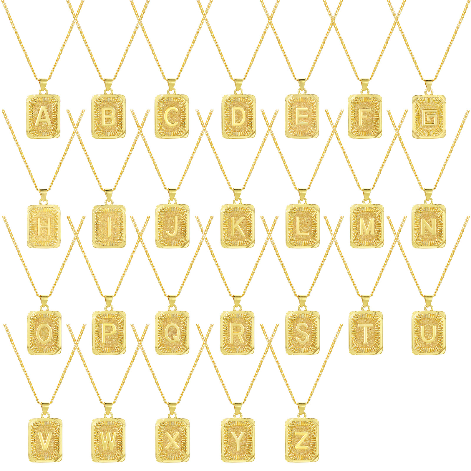 Picture of Eco-friendly Stylish Capital Alphabet Initial Letter Name 18K Real Gold Plated Brass Curb Link Chain Rectangle Stripe Message " A-Z " Pendant Charm Necklace Unisex 45cm(17.7") + 5cm(2") long