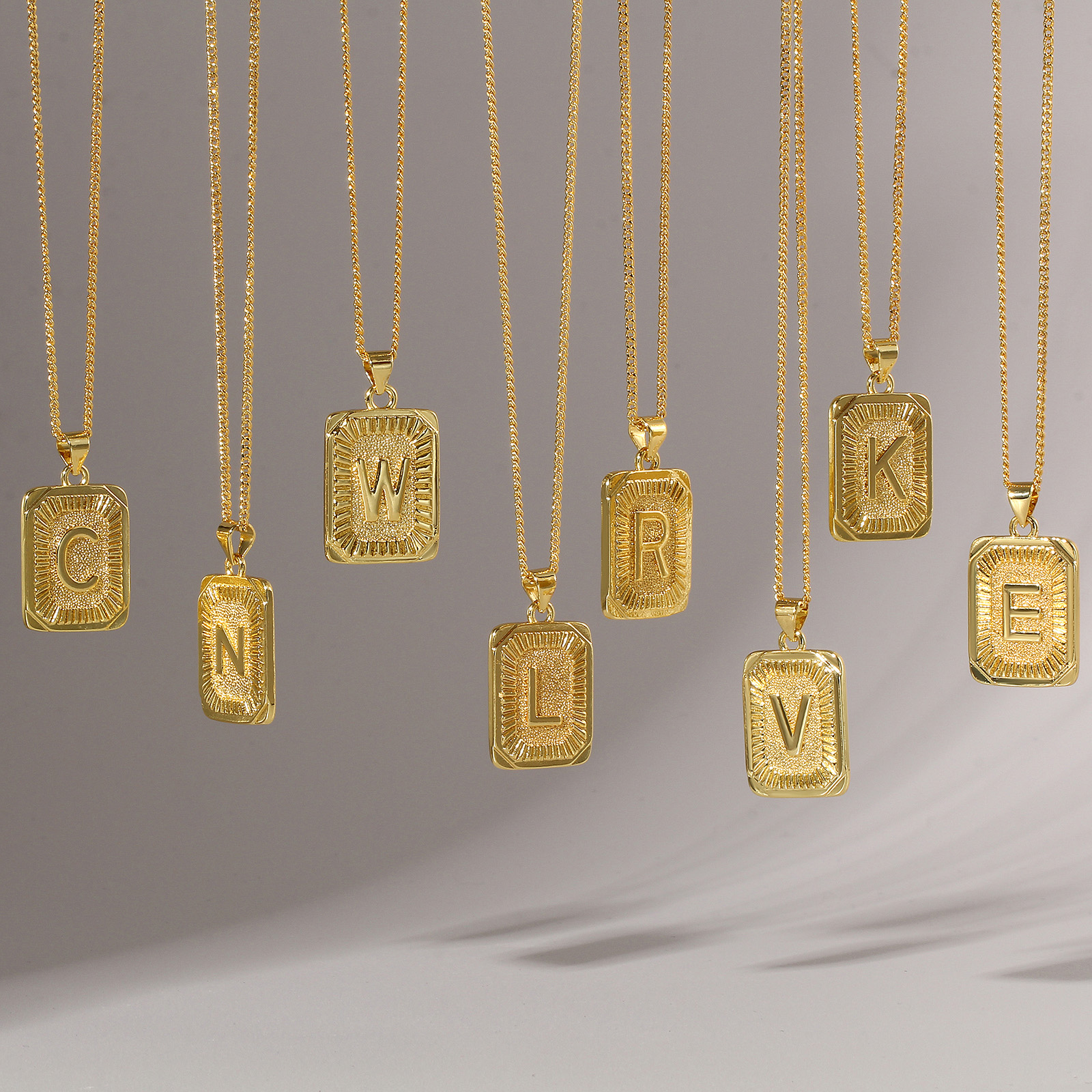 Picture of Eco-friendly Stylish Capital Alphabet Initial Letter Name 18K Real Gold Plated Brass Curb Link Chain Rectangle Stripe Message " A-Z " Pendant Charm Necklace Unisex 45cm(17.7") + 5cm(2") long