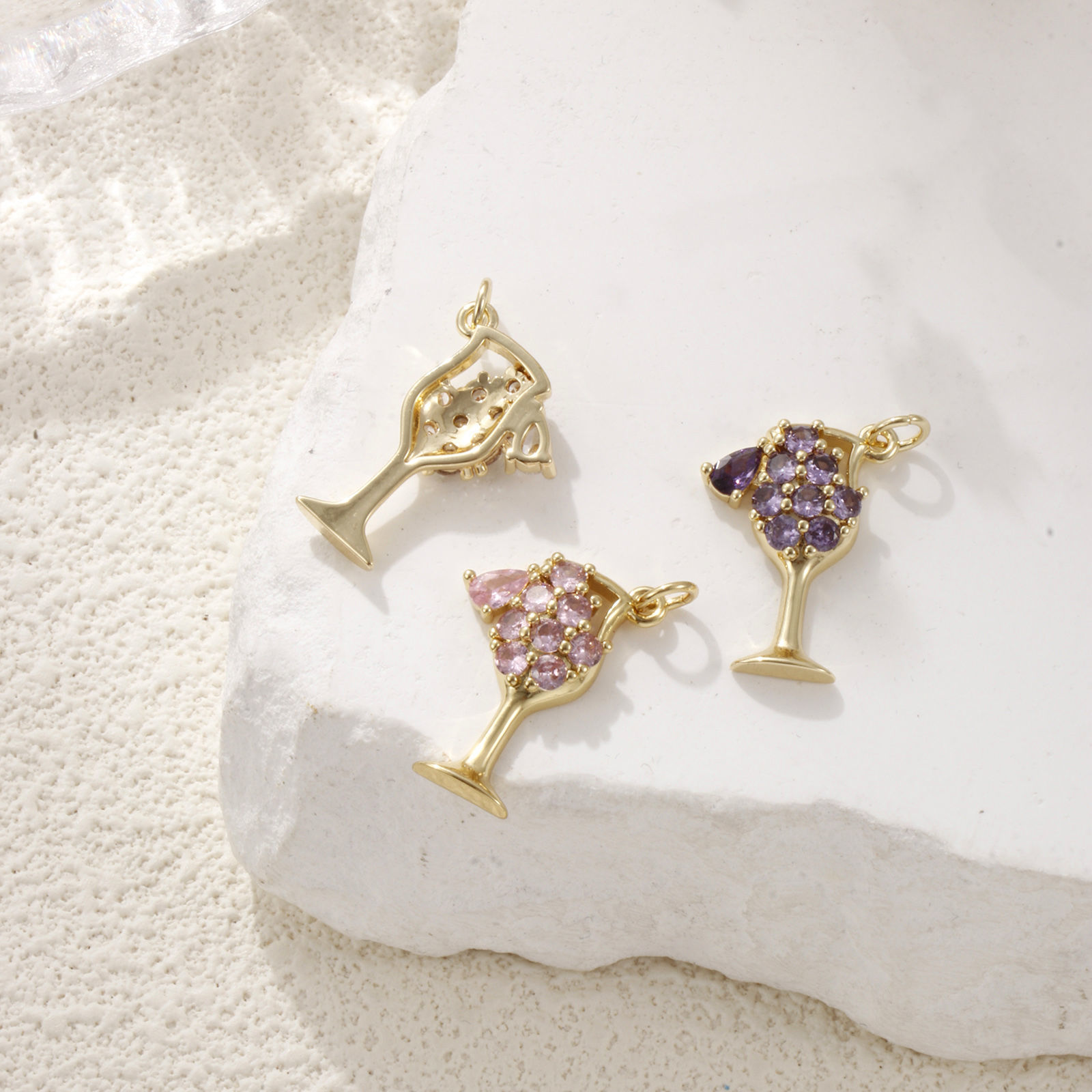 Picture of Eco-friendly Brass Charms 18K Real Gold Plated Wine Glass Hollow Multicolour Cubic Zirconia