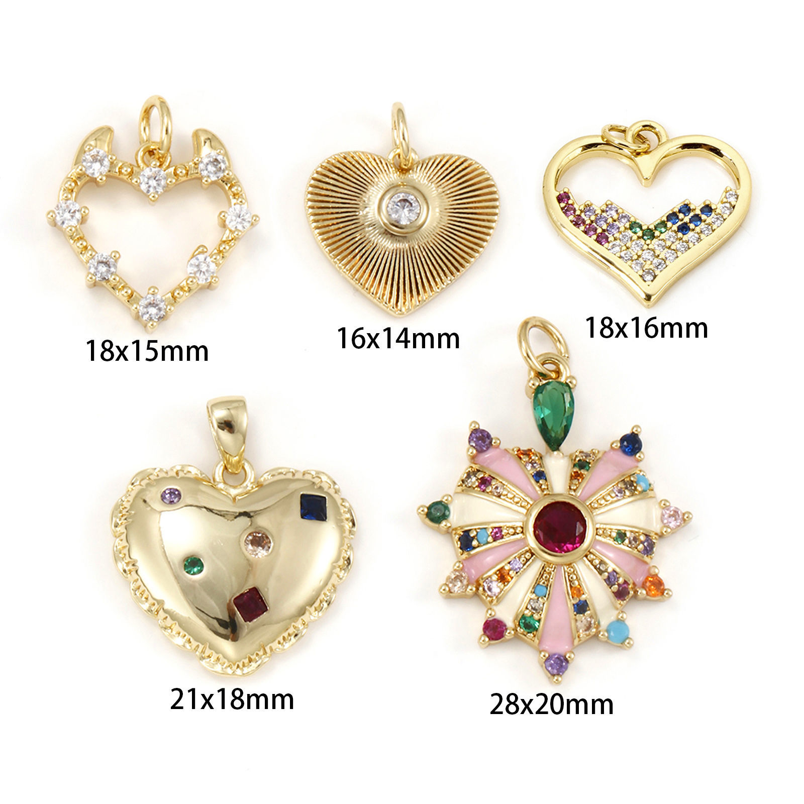 Image de 1 Pièce Breloques La Saint Valentin Respectueux de la Nature en Laiton & Zirconia Cubique Plaqué Or Véritable 18K Cœur