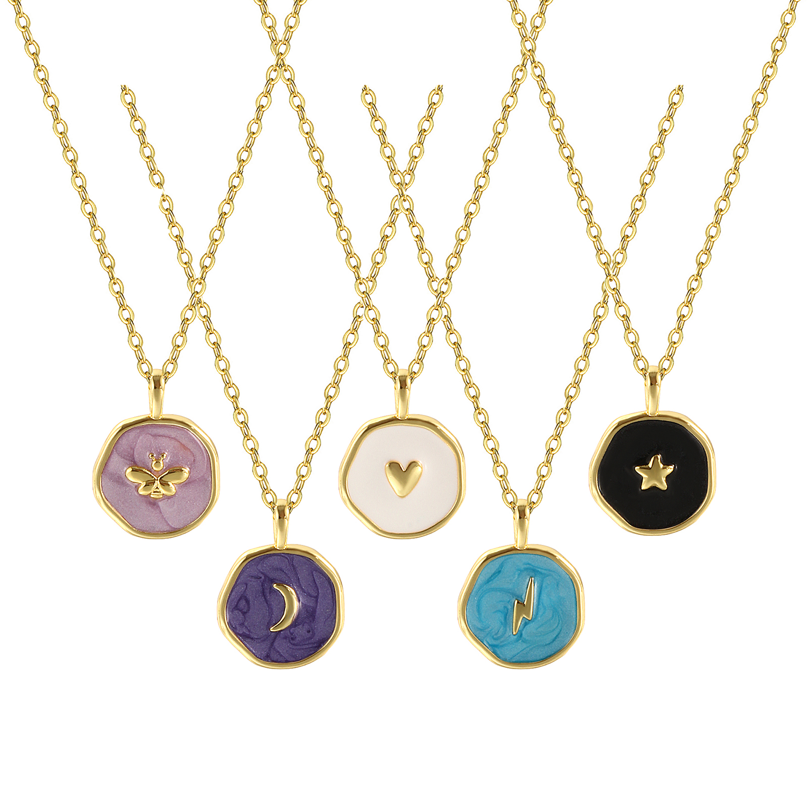 Bild von Umweltfreundlich Stilvoll Ins Stil 18K Echtgold plattiert Messing Kreuz Gliederketten Rund Scheibe Emaille Anhänger Halskette Für Frauen Geschenk 46cm + 6cm lang