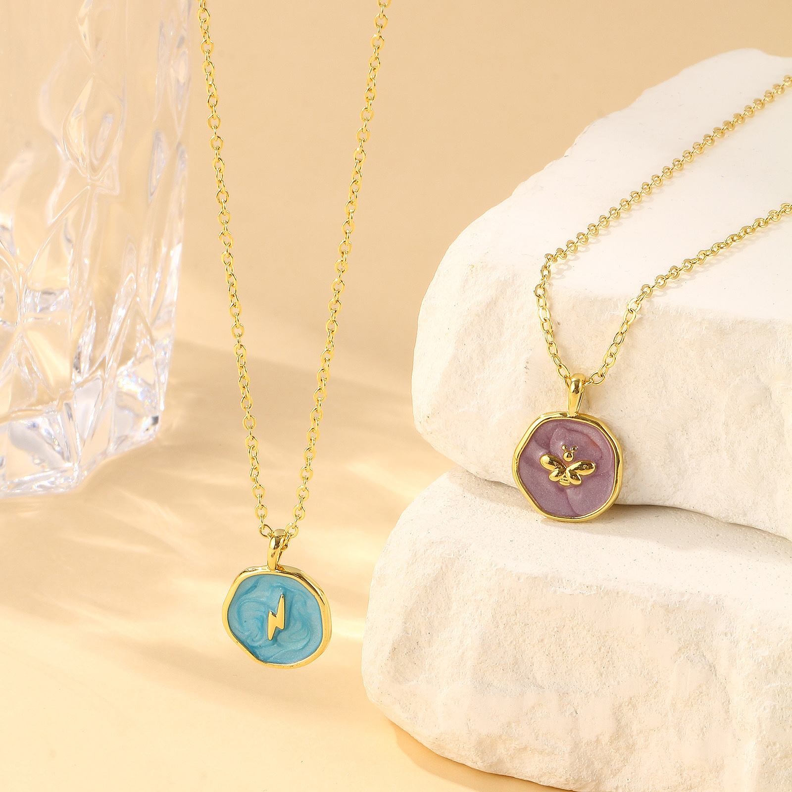 Bild von Umweltfreundlich Stilvoll Ins Stil 18K Echtgold plattiert Messing Kreuz Gliederketten Rund Scheibe Emaille Anhänger Halskette Für Frauen Geschenk 46cm + 6cm lang