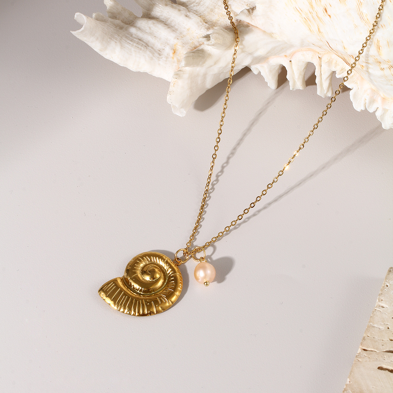 Picture of Eco-friendly PVD Vacuum Plating Baroque Ocean Jewelry 18K Real Gold Plated Peachy Beige 304 Stainless Steel & Natural Pearl Link Cable Chain Pendant Charm Necklace For Women Gift 45cm(17.7") + 5cm(2") long