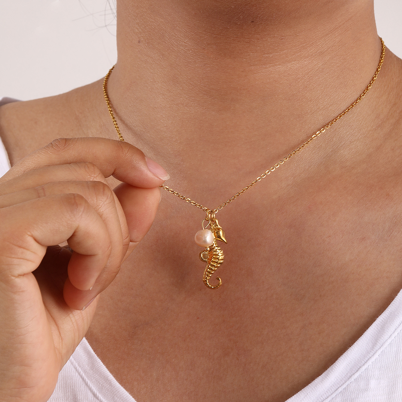 Picture of Eco-friendly PVD Vacuum Plating Baroque Ocean Jewelry 18K Real Gold Plated Peachy Beige 304 Stainless Steel & Natural Pearl Link Cable Chain Pendant Charm Necklace For Women Gift 45cm(17.7") + 5cm(2") long