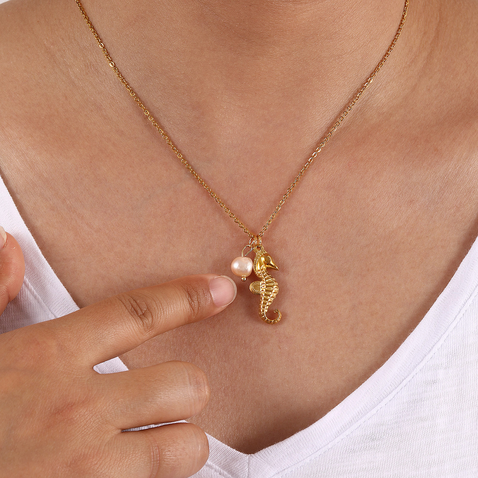 Picture of Eco-friendly PVD Vacuum Plating Baroque Ocean Jewelry 18K Real Gold Plated Peachy Beige 304 Stainless Steel & Natural Pearl Link Cable Chain Pendant Charm Necklace For Women Gift 45cm(17.7") + 5cm(2") long