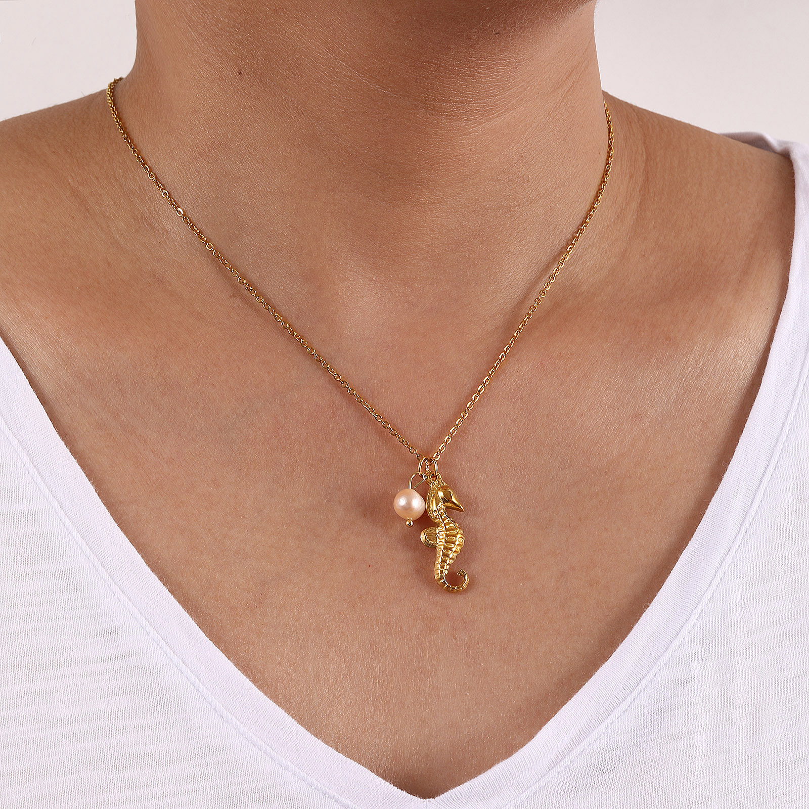 Picture of Eco-friendly PVD Vacuum Plating Baroque Ocean Jewelry 18K Real Gold Plated Peachy Beige 304 Stainless Steel & Natural Pearl Link Cable Chain Pendant Charm Necklace For Women Gift 45cm(17.7") + 5cm(2") long