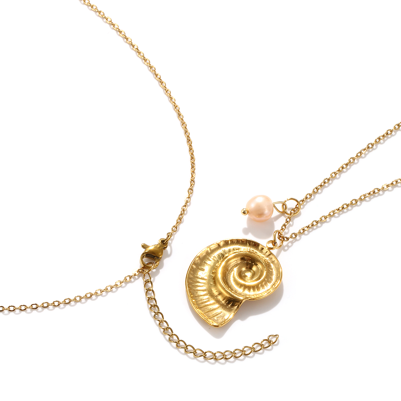 Picture of Eco-friendly PVD Vacuum Plating Baroque Ocean Jewelry 18K Real Gold Plated Peachy Beige 304 Stainless Steel & Natural Pearl Link Cable Chain Pendant Charm Necklace For Women Gift 45cm(17.7") + 5cm(2") long