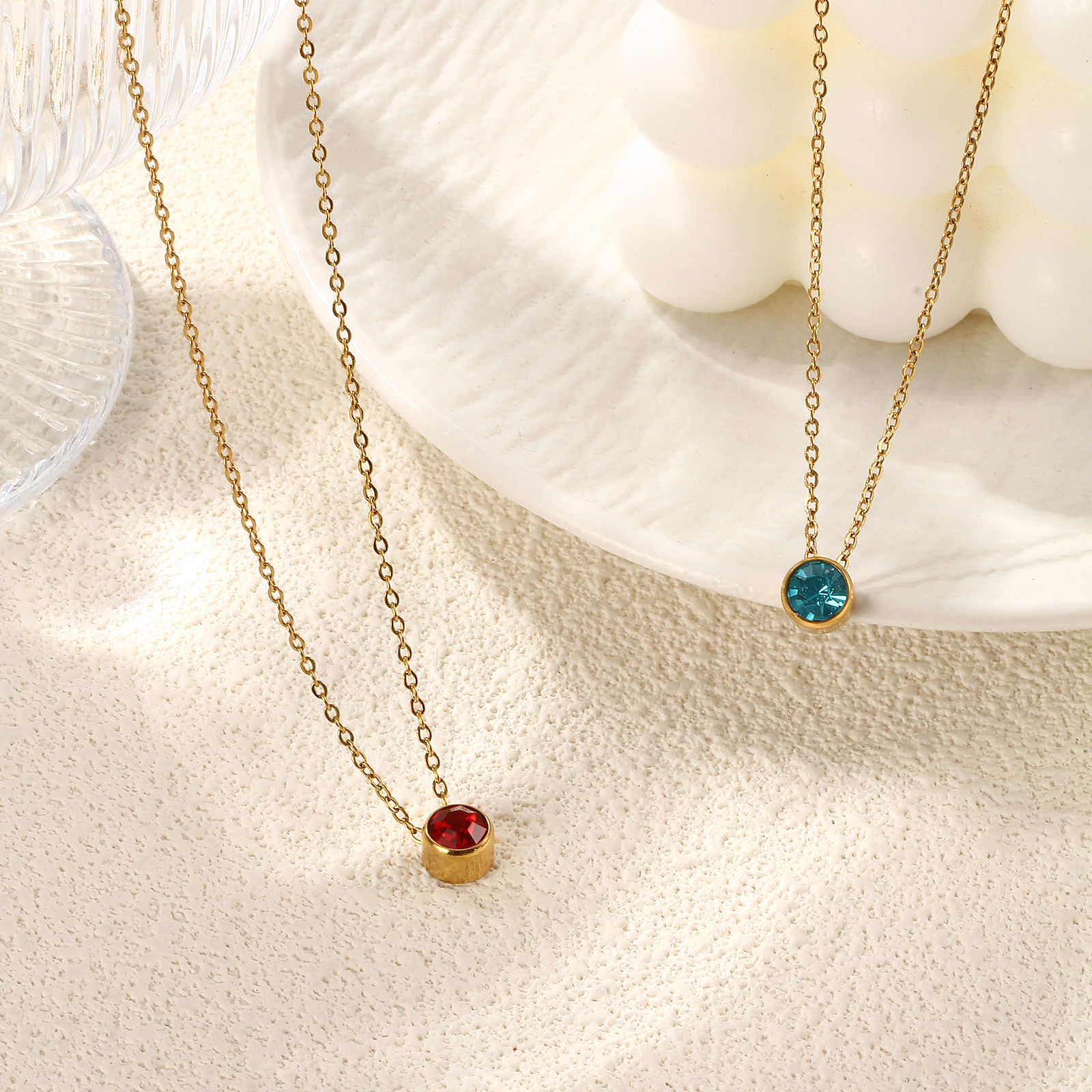 Bild von Umweltfreundliche PVD-Vakuumbeschichtung Exquisit Monatsstein 18K Echtgold plattiert 304 Edelstahl & Strass Kreuz Gliederketten Rund Anhänger Halskette Für Frauen Geschenk 45cm + 5cm lang