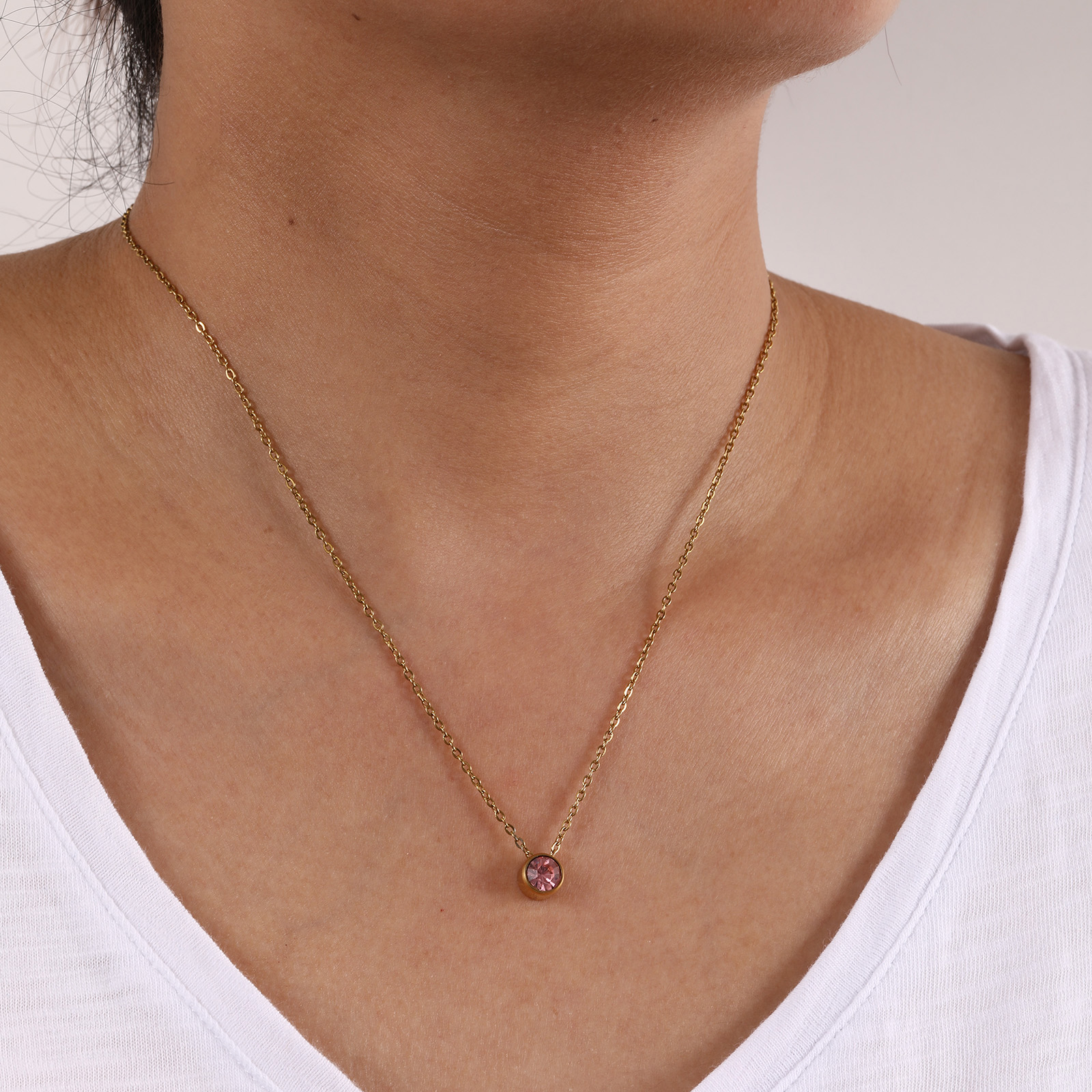 Bild von Umweltfreundliche PVD-Vakuumbeschichtung Exquisit Monatsstein 18K Echtgold plattiert 304 Edelstahl & Strass Kreuz Gliederketten Rund Anhänger Halskette Für Frauen Geschenk 45cm + 5cm lang