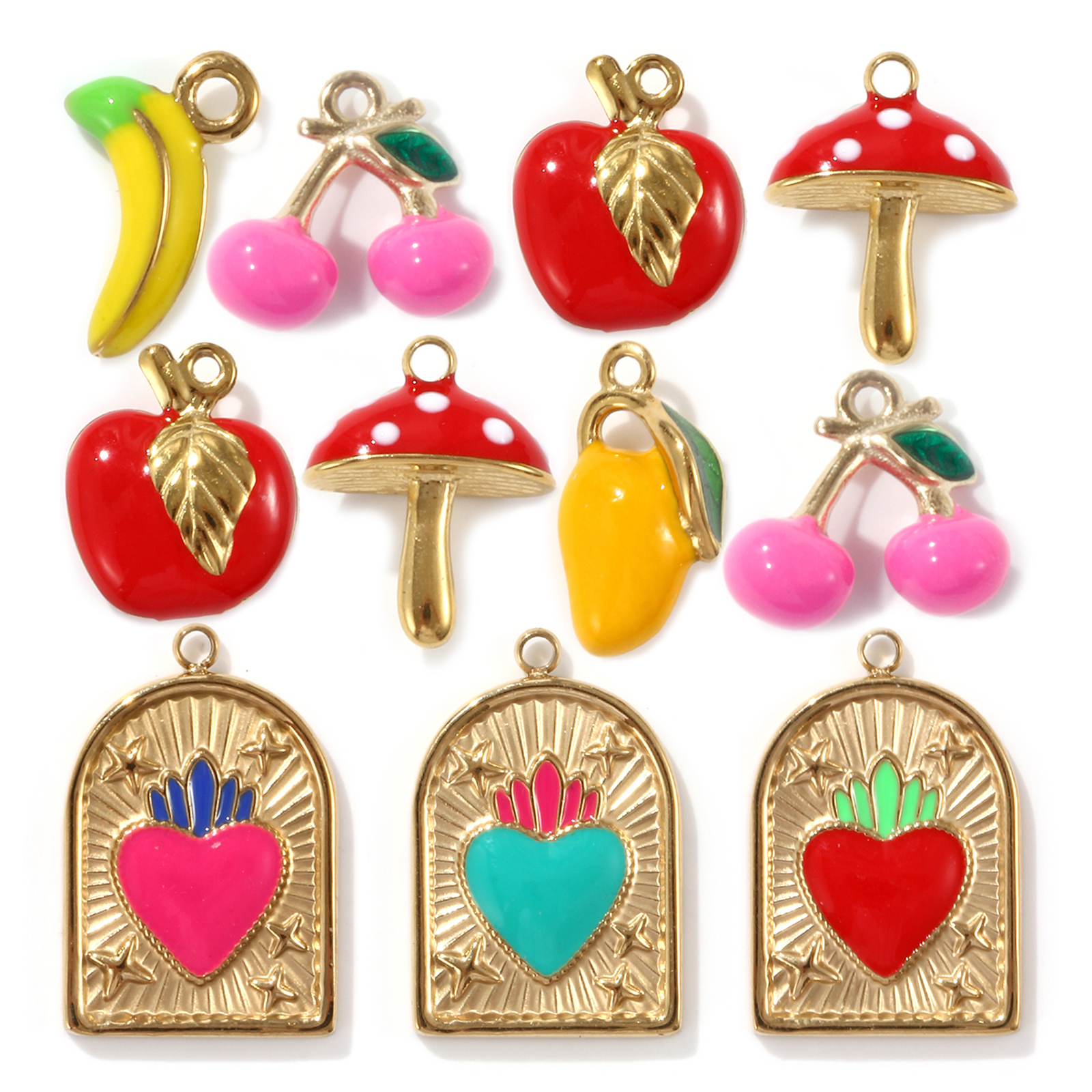 Image de 1 Pièce Breloques en 304 Acier Inoxydable Revêtement sous Vide PVD Respectueux de l'Environnement Plaqué Or Véritable 18K Multicolore Émail Fruits Coeur de Ex-Voto
