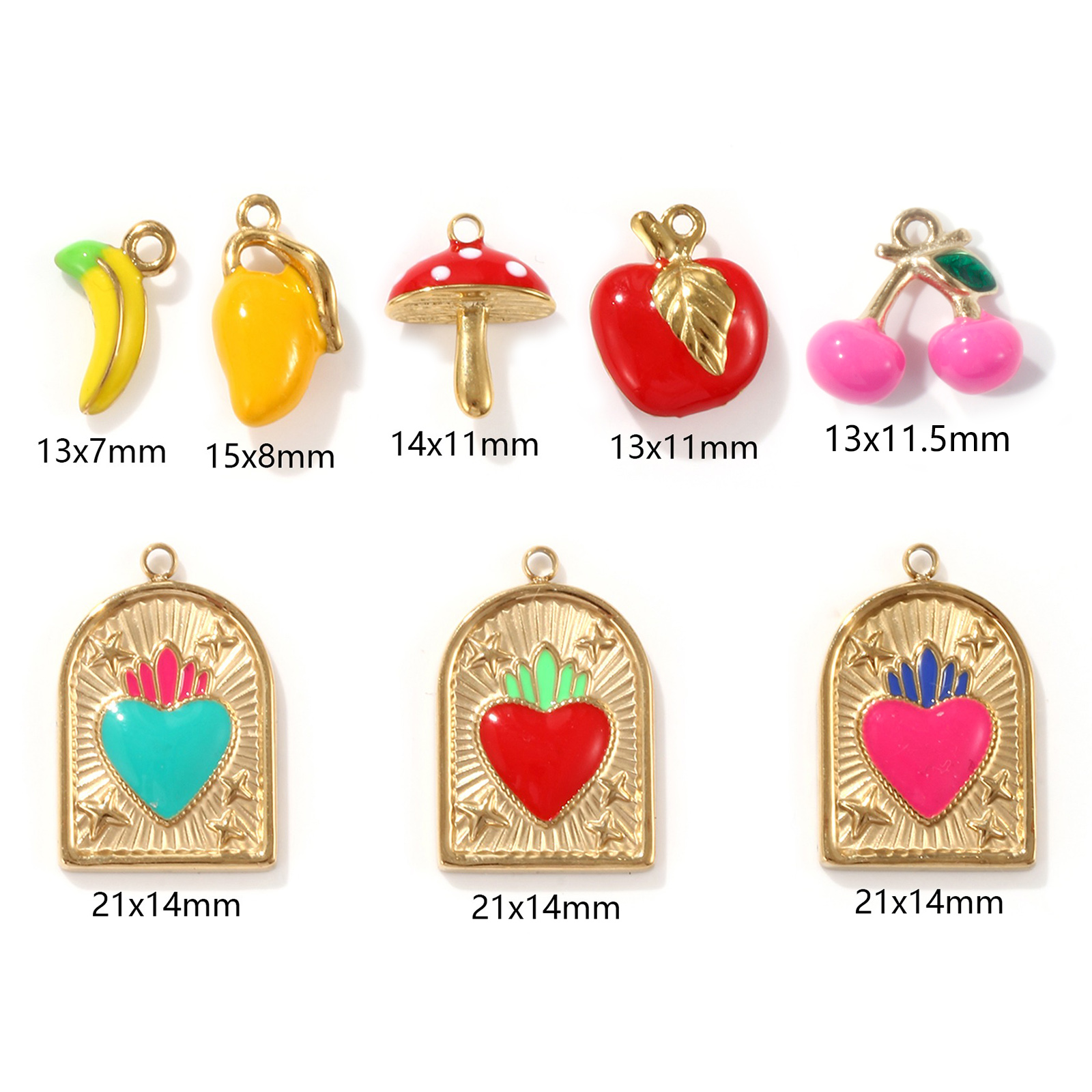 Image de 1 Pièce Breloques en 304 Acier Inoxydable Revêtement sous Vide PVD Respectueux de l'Environnement Plaqué Or Véritable 18K Multicolore Émail Fruits Coeur de Ex-Voto
