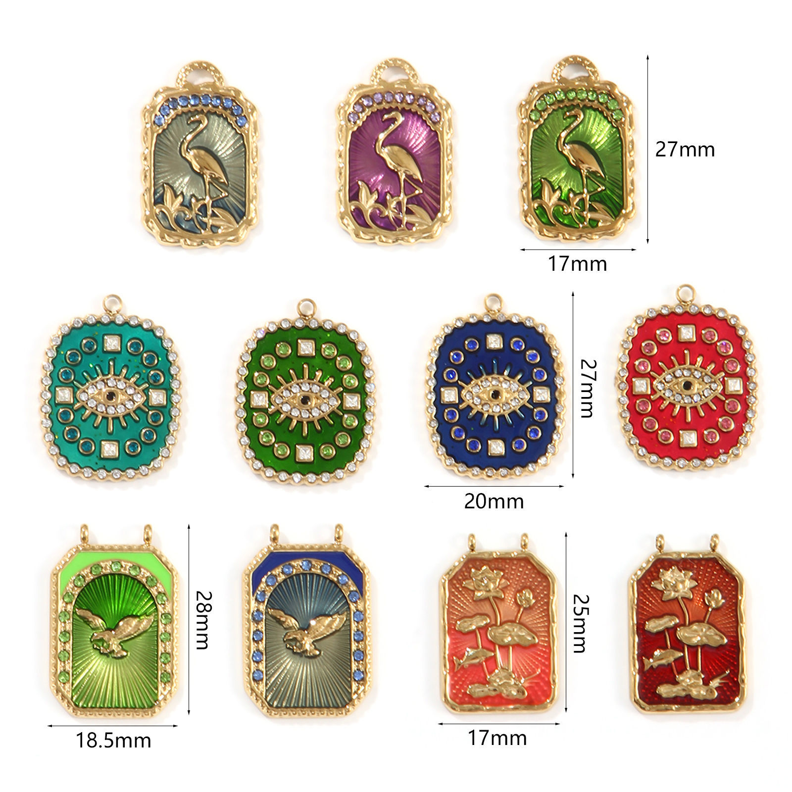 Picture of Eco-friendly PVD Vacuum Plating 304 Stainless Steel Charms 18K Real Gold Plated Multicolor Enamel Crane Eye of Providence/ All-seeing Eye
