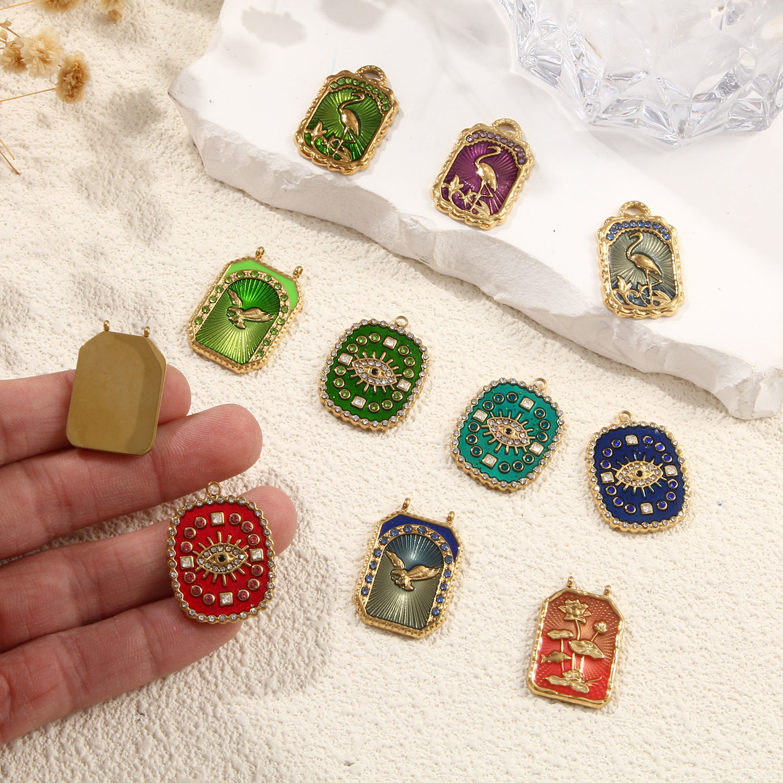 Picture of Eco-friendly PVD Vacuum Plating 304 Stainless Steel Charms 18K Real Gold Plated Multicolor Enamel Crane Eye of Providence/ All-seeing Eye