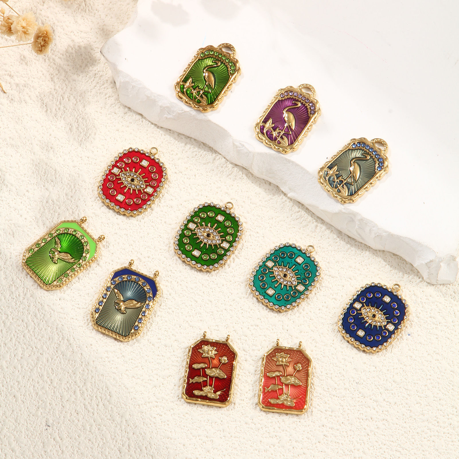 Picture of Eco-friendly PVD Vacuum Plating 304 Stainless Steel Charms 18K Real Gold Plated Multicolor Enamel Crane Eye of Providence/ All-seeing Eye