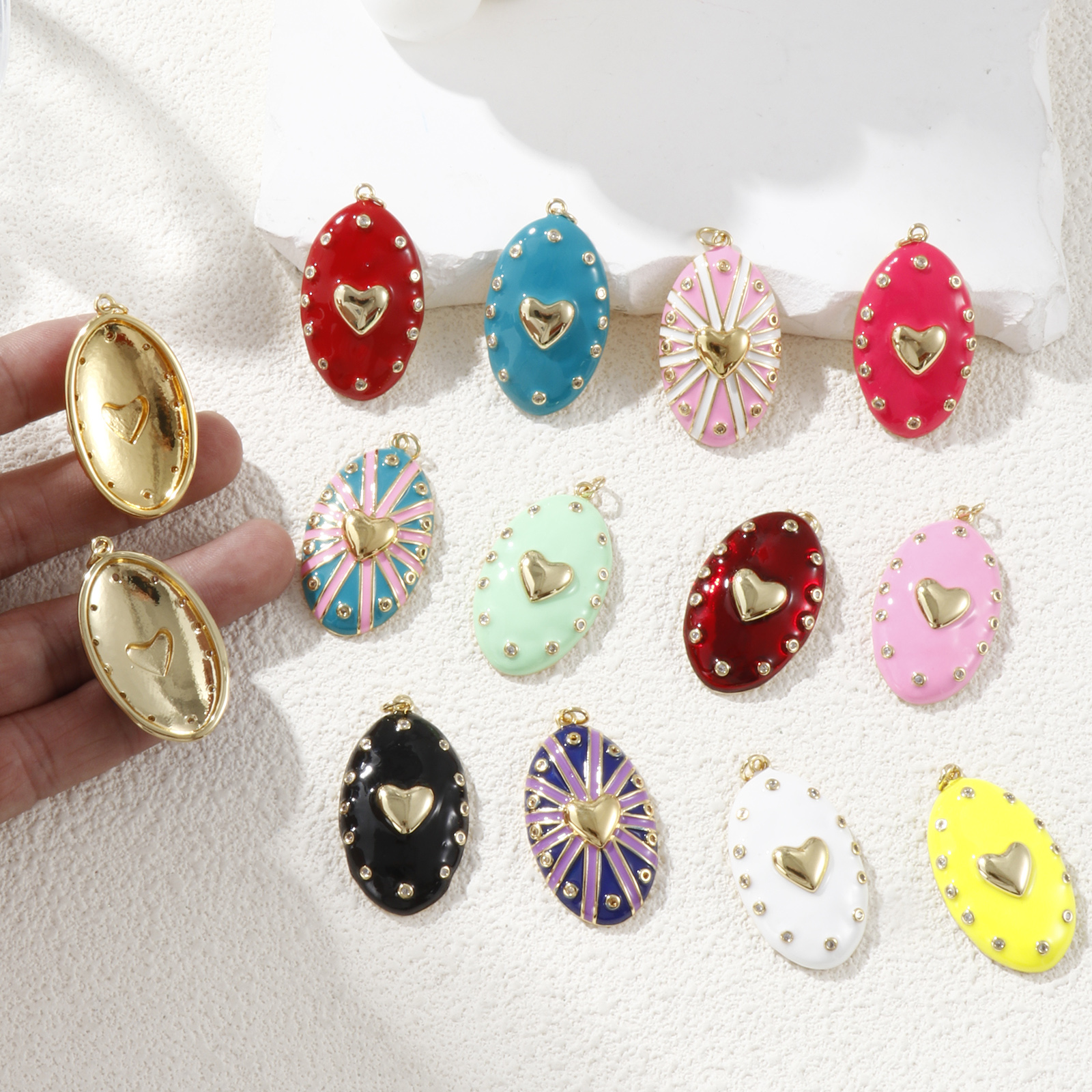 Picture of Eco-friendly Brass Valentine's Day Pendants 18K Real Gold Plated Enamel Oval Heart Clear Cubic Zirconia 4.1cm x 2.1cm