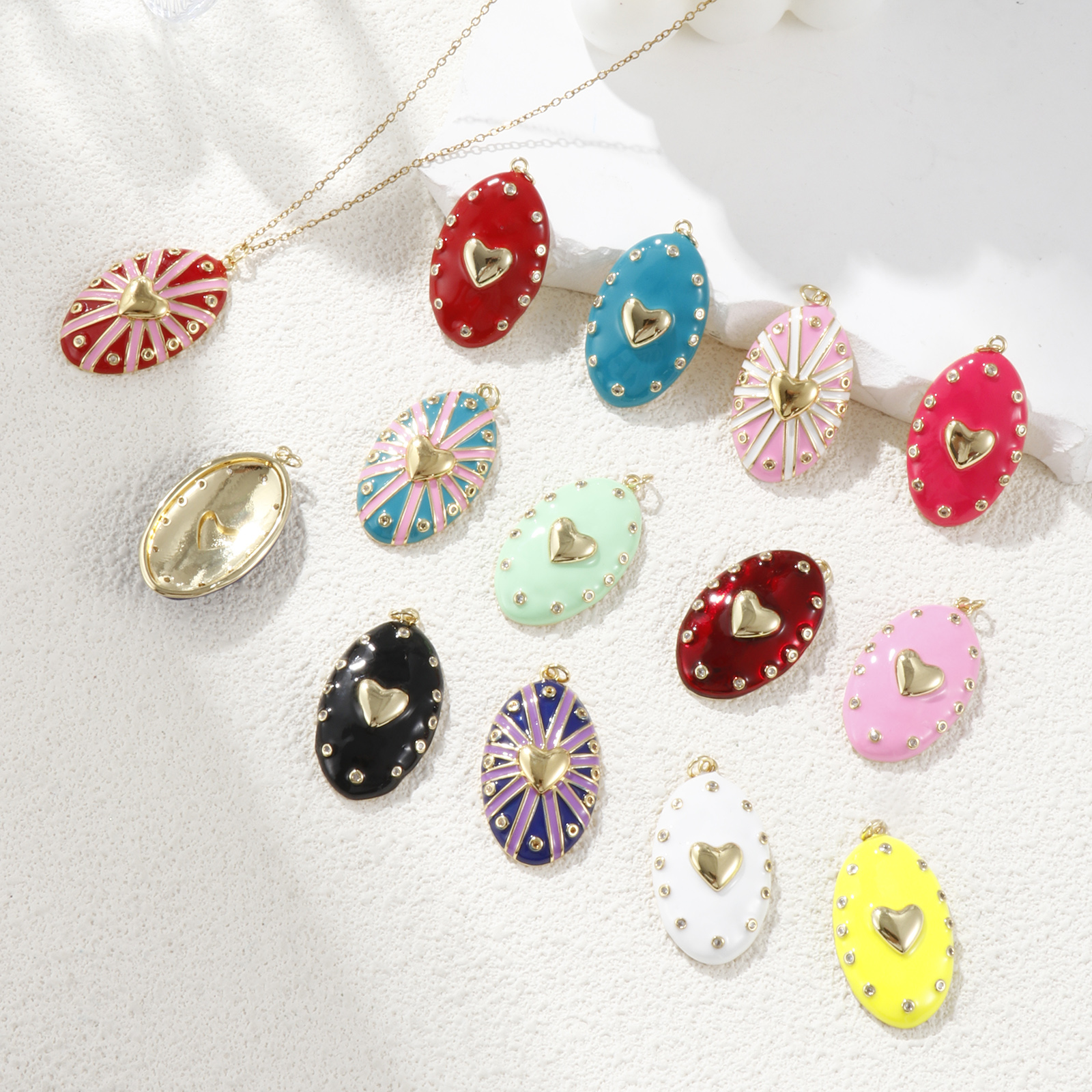 Picture of Eco-friendly Brass Valentine's Day Pendants 18K Real Gold Plated Enamel Oval Heart Clear Cubic Zirconia 4.1cm x 2.1cm