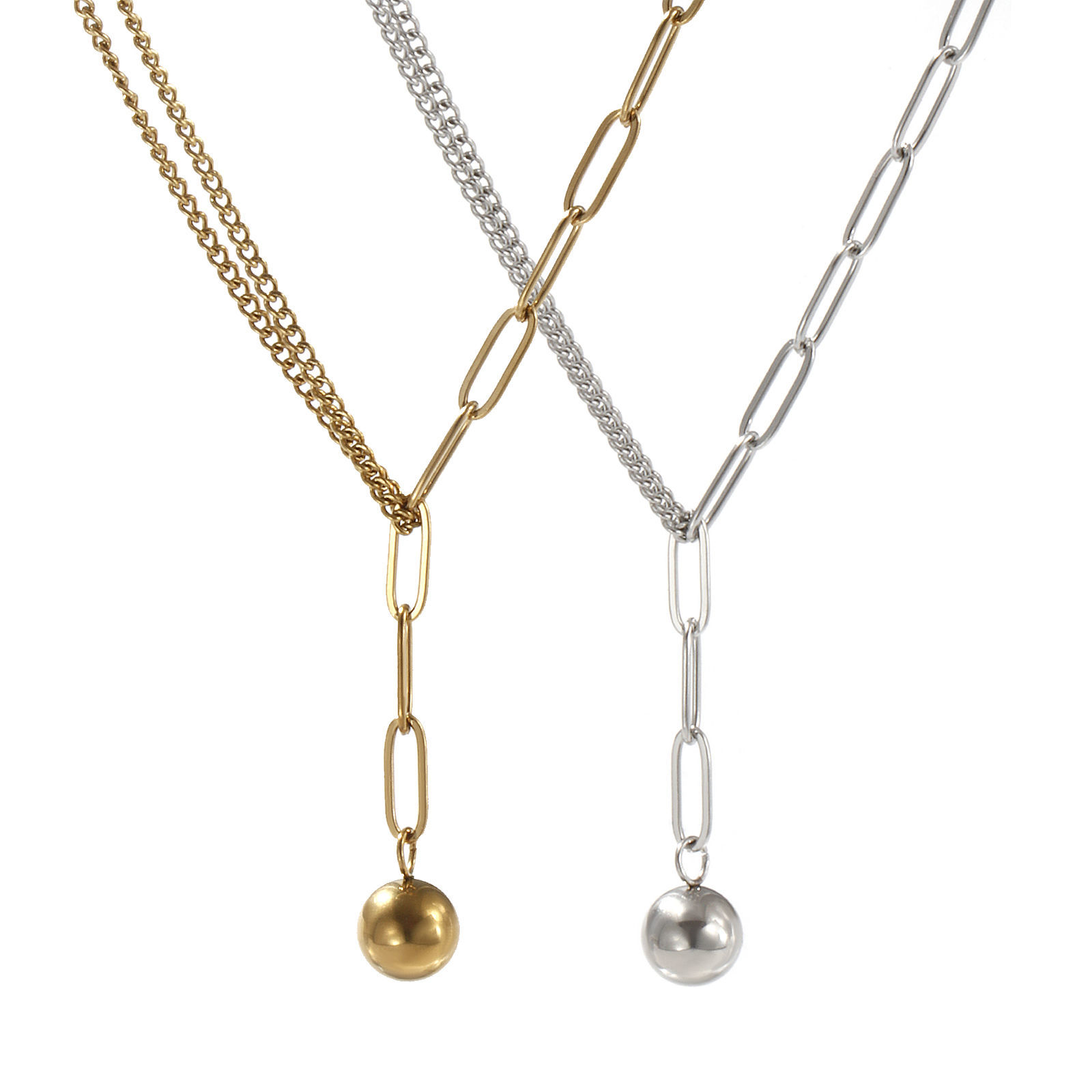 Picture of Eco-friendly Stylish Double Layer 304 Stainless Steel Paperclip Link Chain Ball Pendant Charm Necklace For Women Gift 51cm(20.1") long