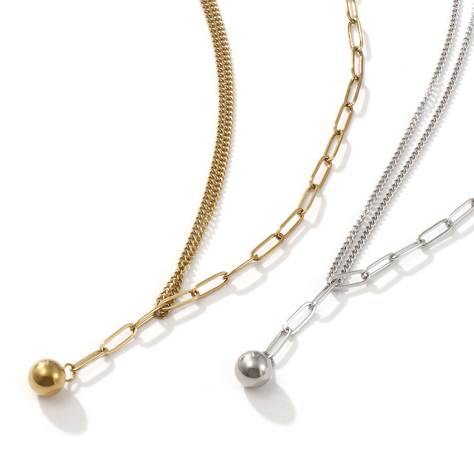 Picture of Eco-friendly Stylish Double Layer 304 Stainless Steel Paperclip Link Chain Ball Pendant Charm Necklace For Women Gift 51cm(20.1") long