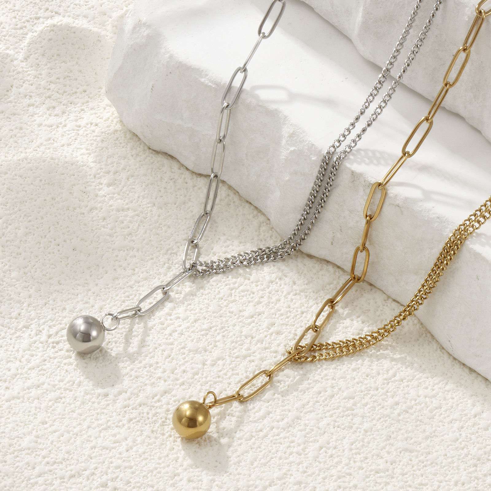 Picture of Eco-friendly Stylish Double Layer 304 Stainless Steel Paperclip Link Chain Ball Pendant Charm Necklace For Women Gift 51cm(20.1") long