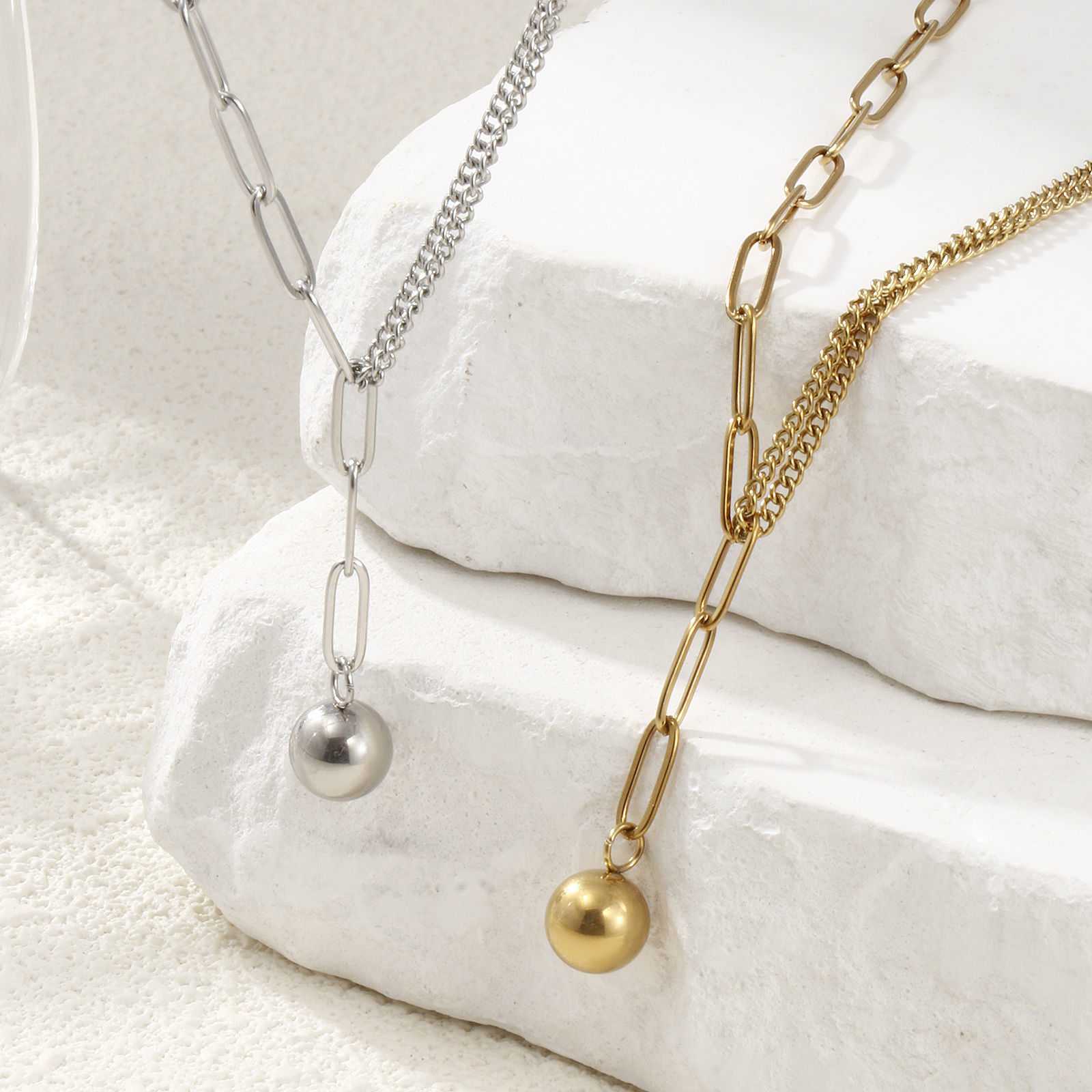 Picture of Eco-friendly Stylish Double Layer 304 Stainless Steel Paperclip Link Chain Ball Pendant Charm Necklace For Women Gift 51cm(20.1") long