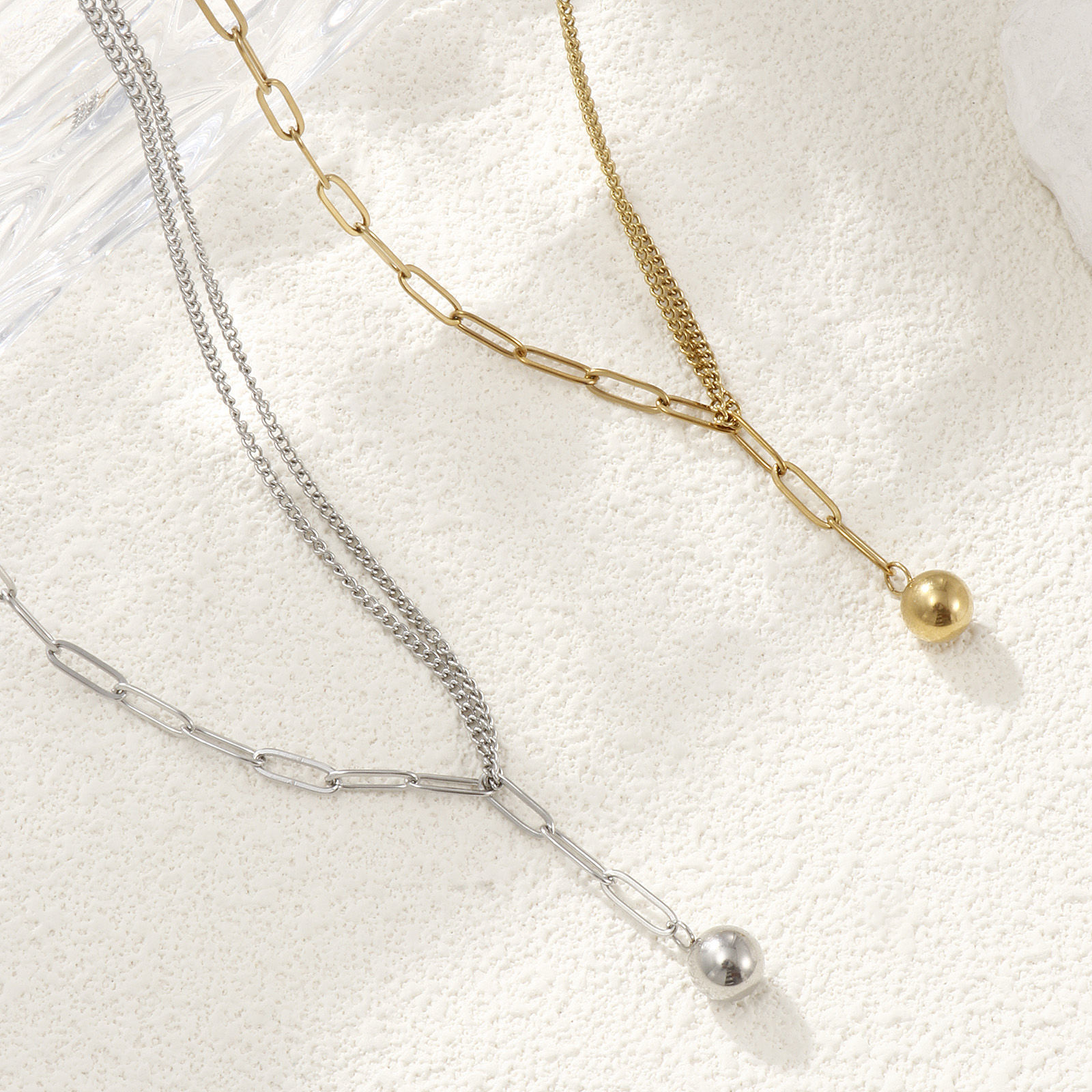 Picture of Eco-friendly Stylish Double Layer 304 Stainless Steel Paperclip Link Chain Ball Pendant Charm Necklace For Women Gift 51cm(20.1") long