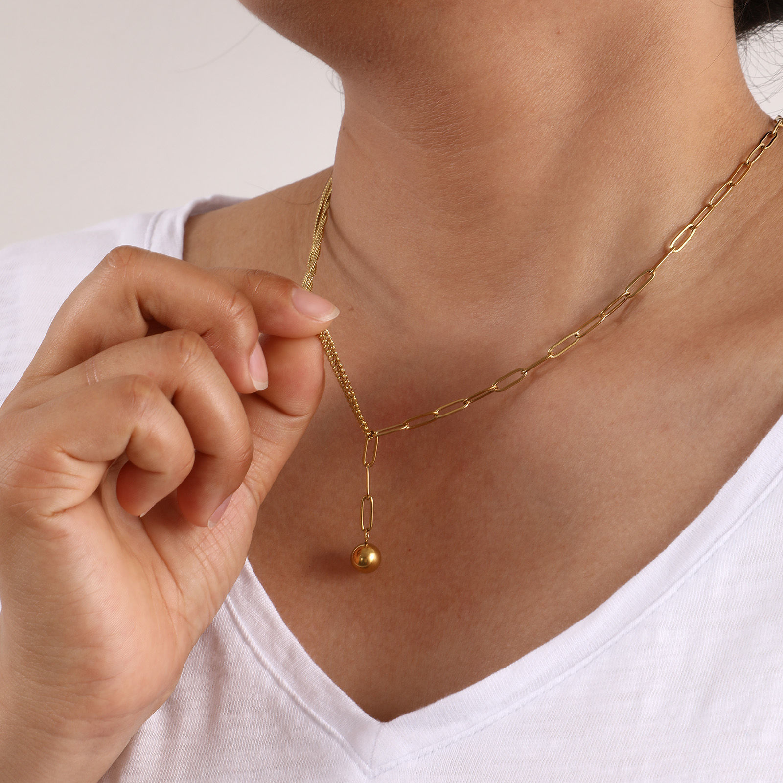 Picture of Eco-friendly Stylish Double Layer 304 Stainless Steel Paperclip Link Chain Ball Pendant Charm Necklace For Women Gift 51cm(20.1") long