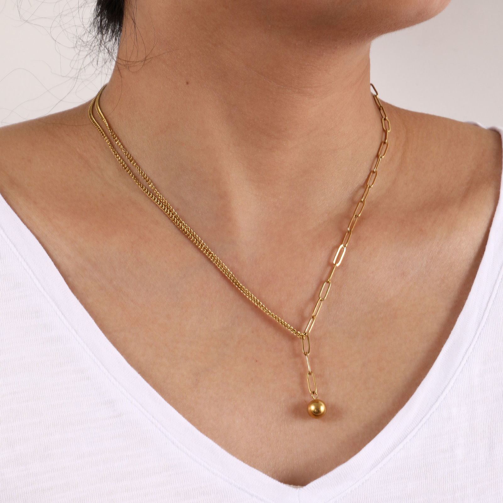 Picture of Eco-friendly Stylish Double Layer 304 Stainless Steel Paperclip Link Chain Ball Pendant Charm Necklace For Women Gift 51cm(20.1") long