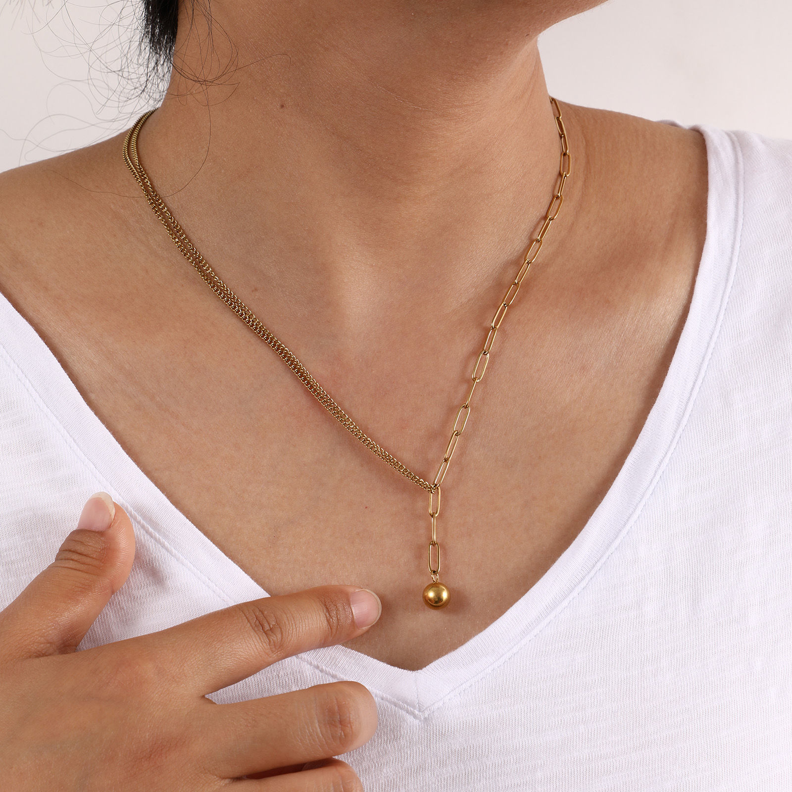 Picture of Eco-friendly Stylish Double Layer 304 Stainless Steel Paperclip Link Chain Ball Pendant Charm Necklace For Women Gift 51cm(20.1") long