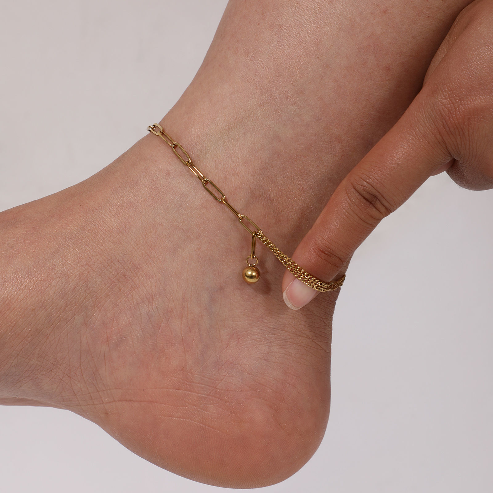Picture of 1 Piece Stylish Double Layer 304 Stainless Steel Paperclip Link Chain With Pendant Anklet 26cm(10.2") long