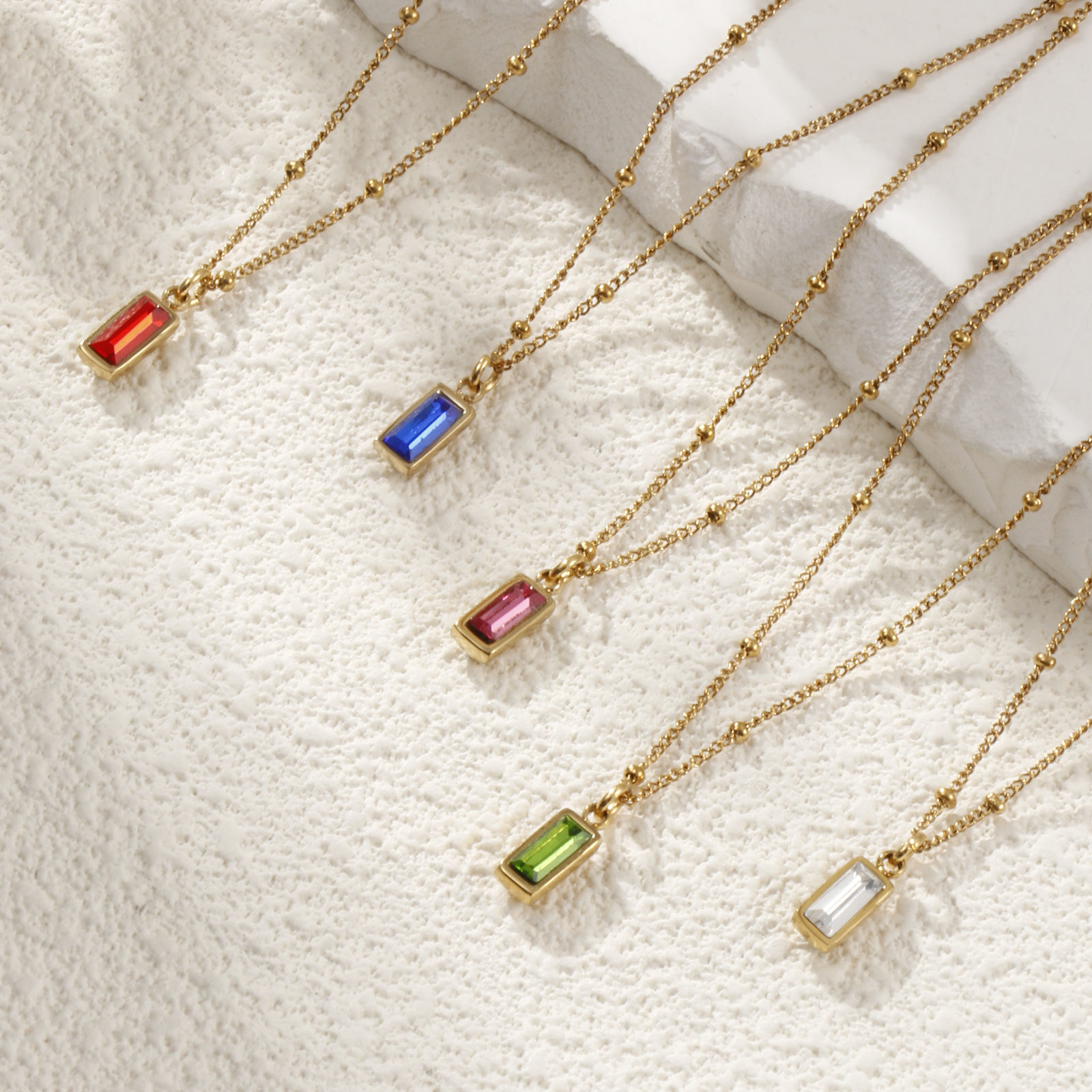 Picture of Eco-friendly PVD Vacuum Plating Exquisite Birthstone 18K Real Gold Plated 304 Stainless Steel & Cubic Zirconia Curb Link Chain Rectangle Pendant Charm Necklace For Women Gift 45cm(17.7") + 5cm(2") long