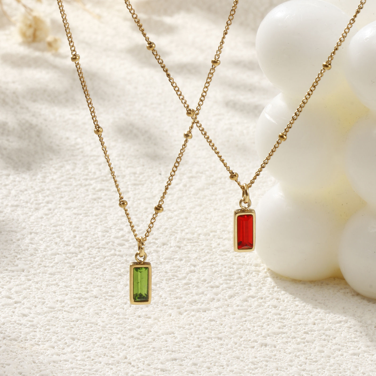 Picture of Eco-friendly PVD Vacuum Plating Exquisite Birthstone 18K Real Gold Plated 304 Stainless Steel & Cubic Zirconia Curb Link Chain Rectangle Pendant Charm Necklace For Women Gift 45cm(17.7") + 5cm(2") long