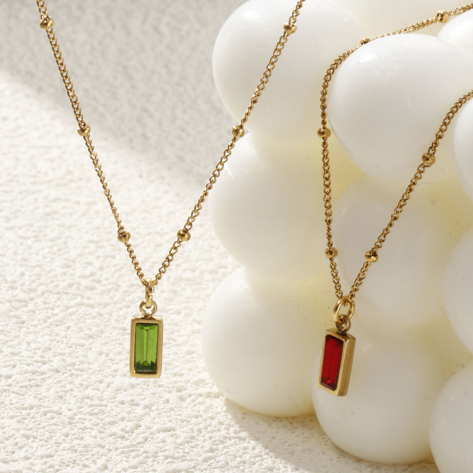 Picture of Eco-friendly PVD Vacuum Plating Exquisite Birthstone 18K Real Gold Plated 304 Stainless Steel & Cubic Zirconia Curb Link Chain Rectangle Pendant Charm Necklace For Women Gift 45cm(17.7") + 5cm(2") long