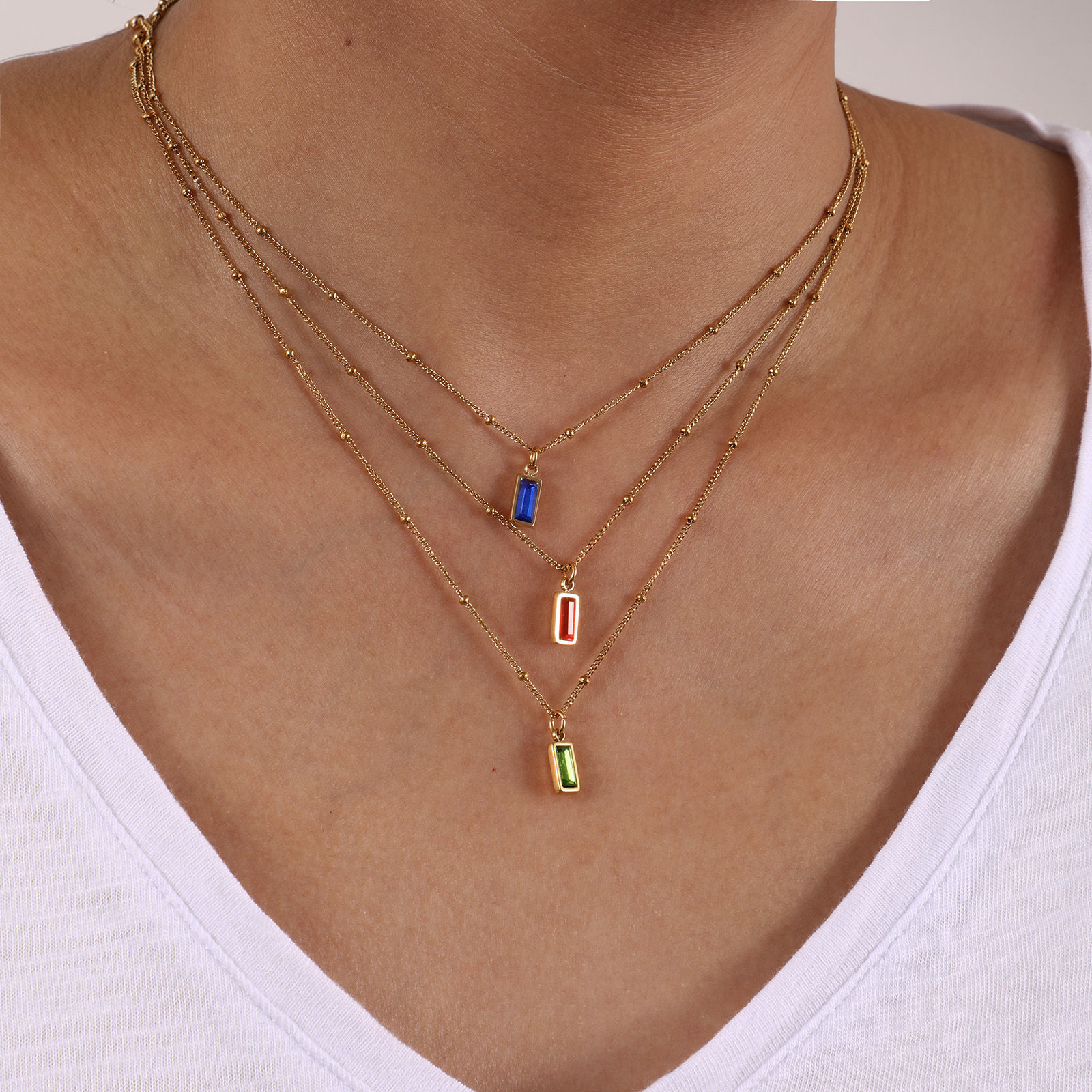 Picture of Eco-friendly PVD Vacuum Plating Exquisite Birthstone 18K Real Gold Plated 304 Stainless Steel & Cubic Zirconia Curb Link Chain Rectangle Pendant Charm Necklace For Women Gift 45cm(17.7") + 5cm(2") long