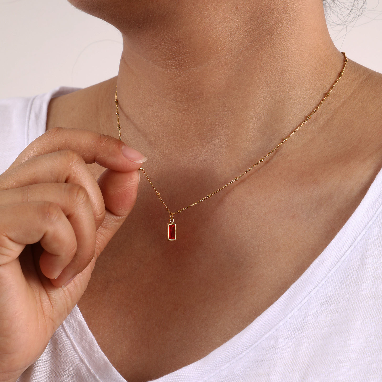 Picture of Eco-friendly PVD Vacuum Plating Exquisite Birthstone 18K Real Gold Plated 304 Stainless Steel & Cubic Zirconia Curb Link Chain Rectangle Pendant Charm Necklace For Women Gift 45cm(17.7") + 5cm(2") long